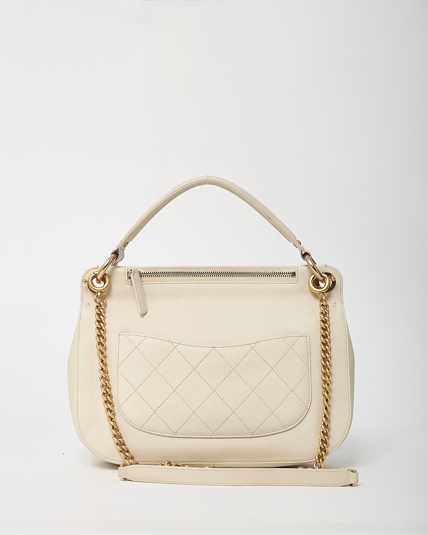 Chanel White Caviar Leather Large Top Handle Flap Bag with Removable Strap