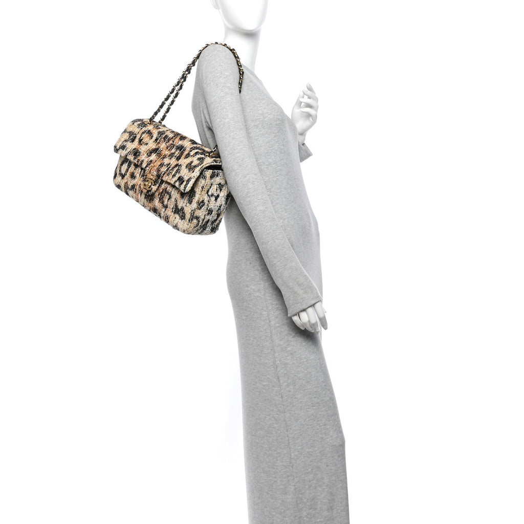 Tweed Mixed Fibers Leopard Print Small Souplissimo Maxi Flap Brown Black White