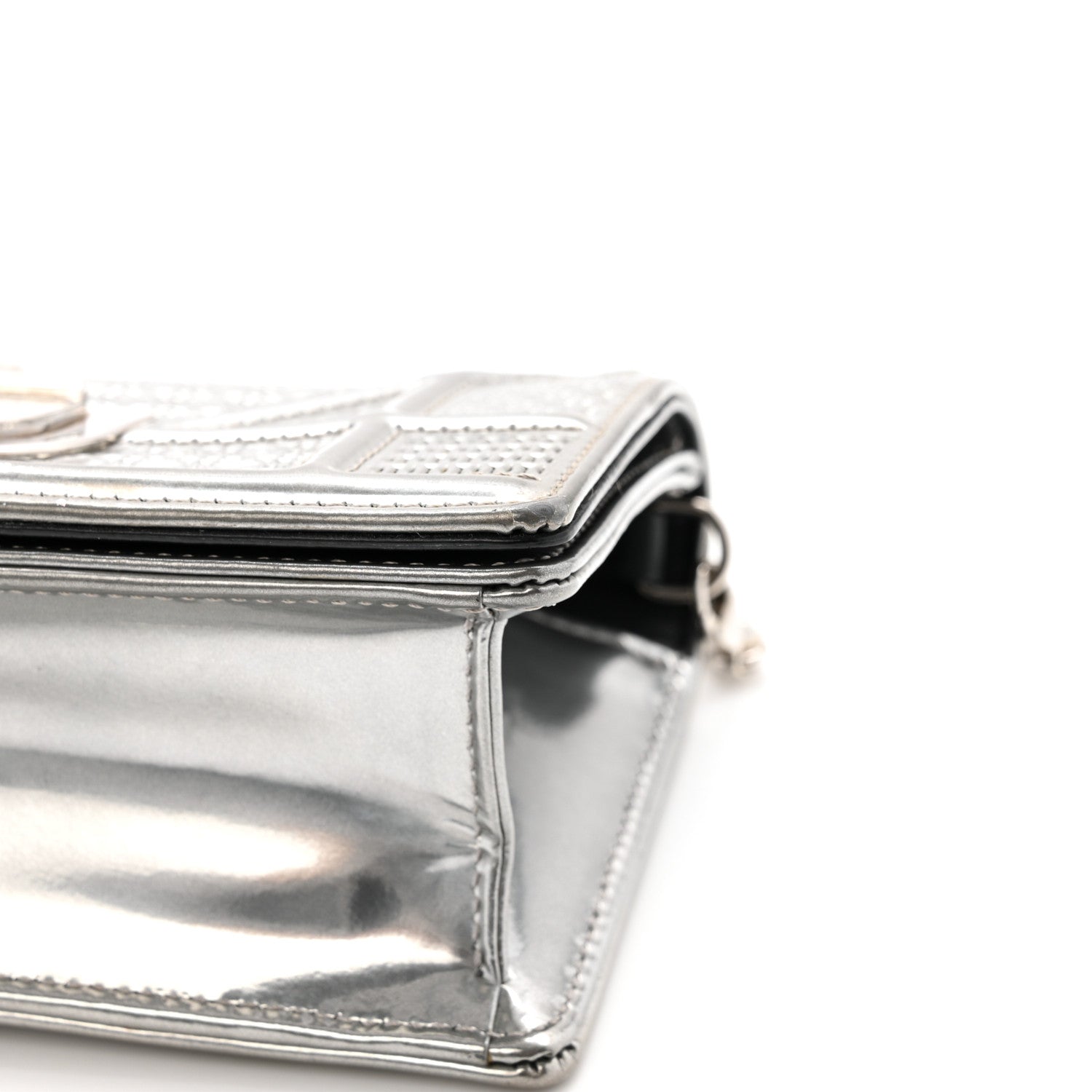 Metallic Patent Micro-Cannage Baby Diorama Flap Bag Silver