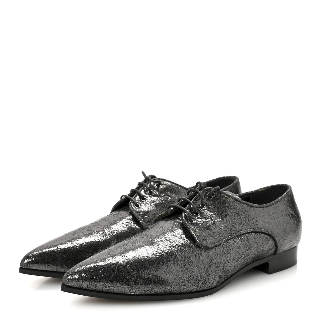 Metallic Crinkled Patent Lace Up Oxford Flats 37.5 Dark Silver