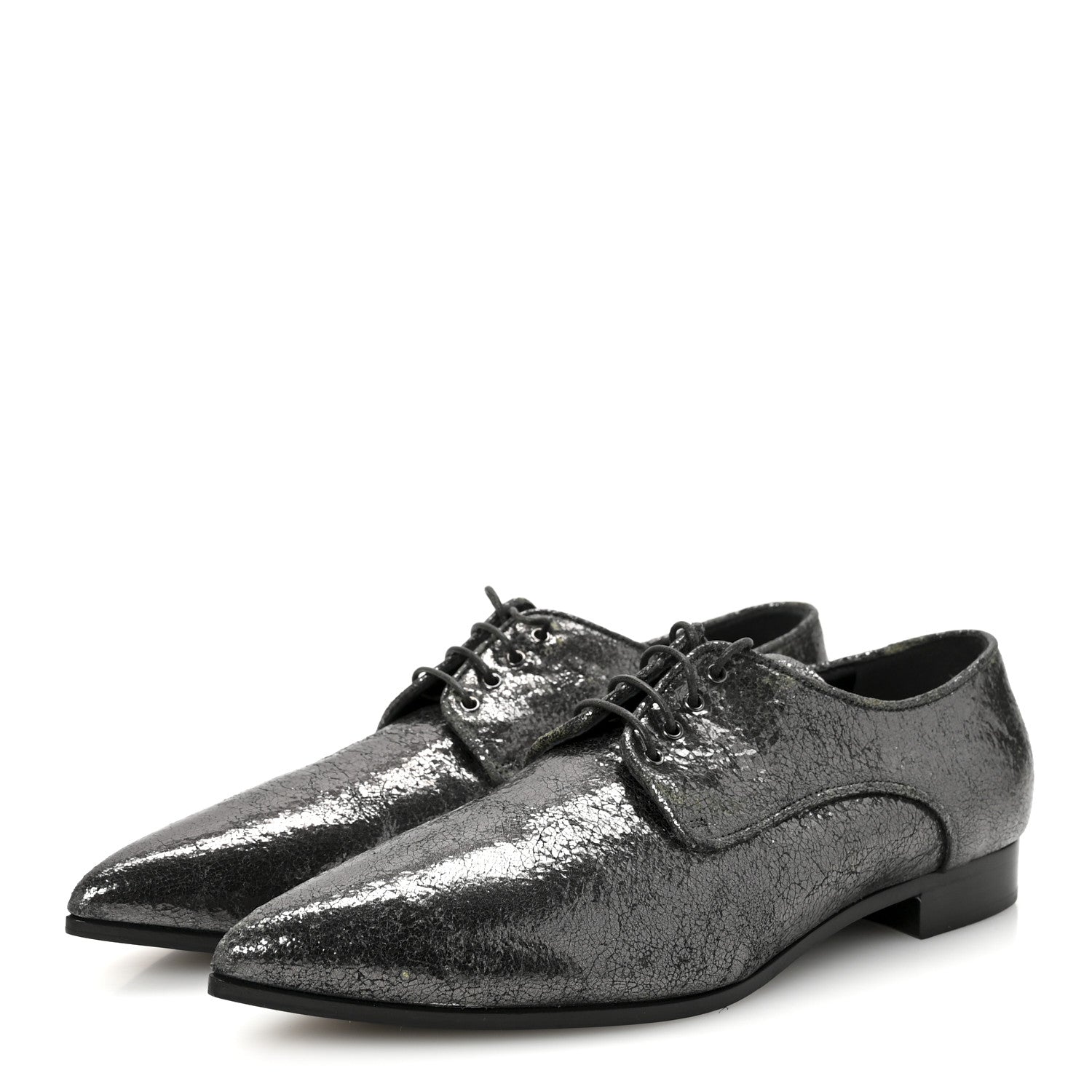 Metallic Crinkled Patent Lace Up Oxford Flats 37.5 Dark Silver