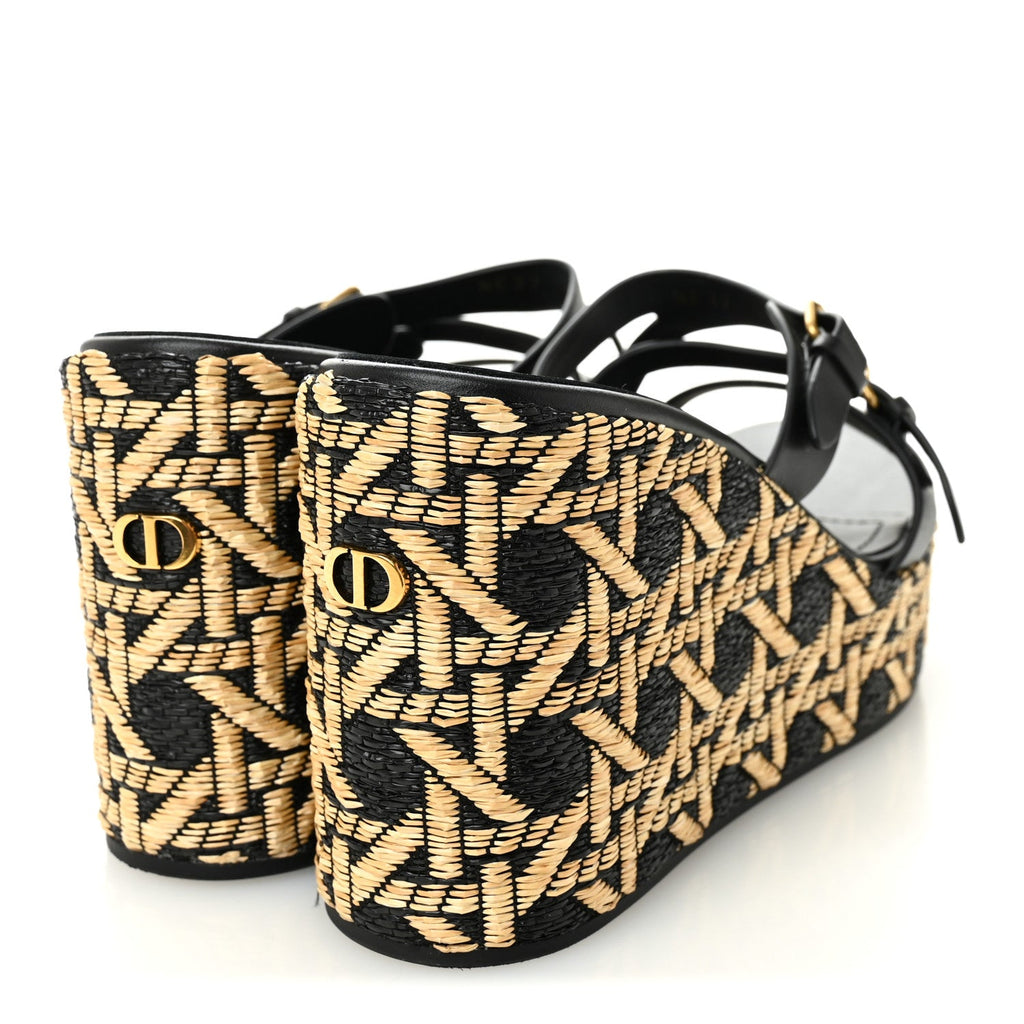 Raffia Calfskin L'Amazone Wedge Sandals 37 Black Natural