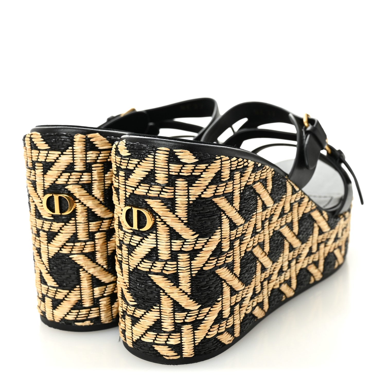Raffia Calfskin L'Amazone Wedge Sandals 37 Black Natural