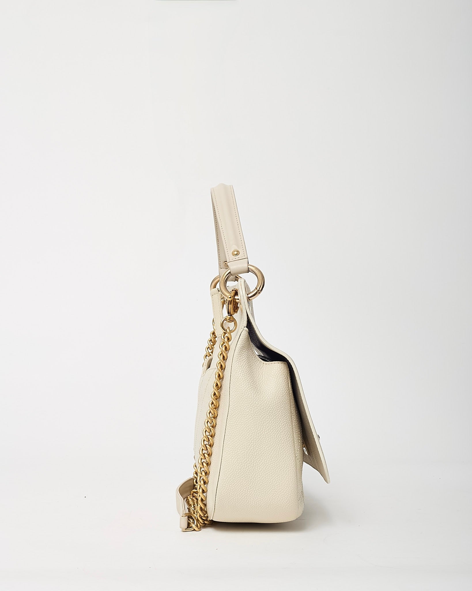Chanel White Caviar Leather Large Top Handle Flap Bag with Removable Strap