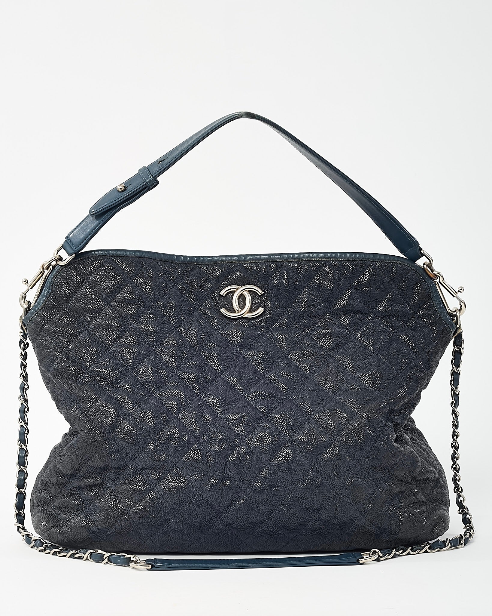 Chanel Navy Quilted Caviar Leather French Riviera 2Way Hobo Shoulder Bag