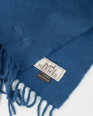 Hermès Navy Cashmere Logo Fringe Scarf