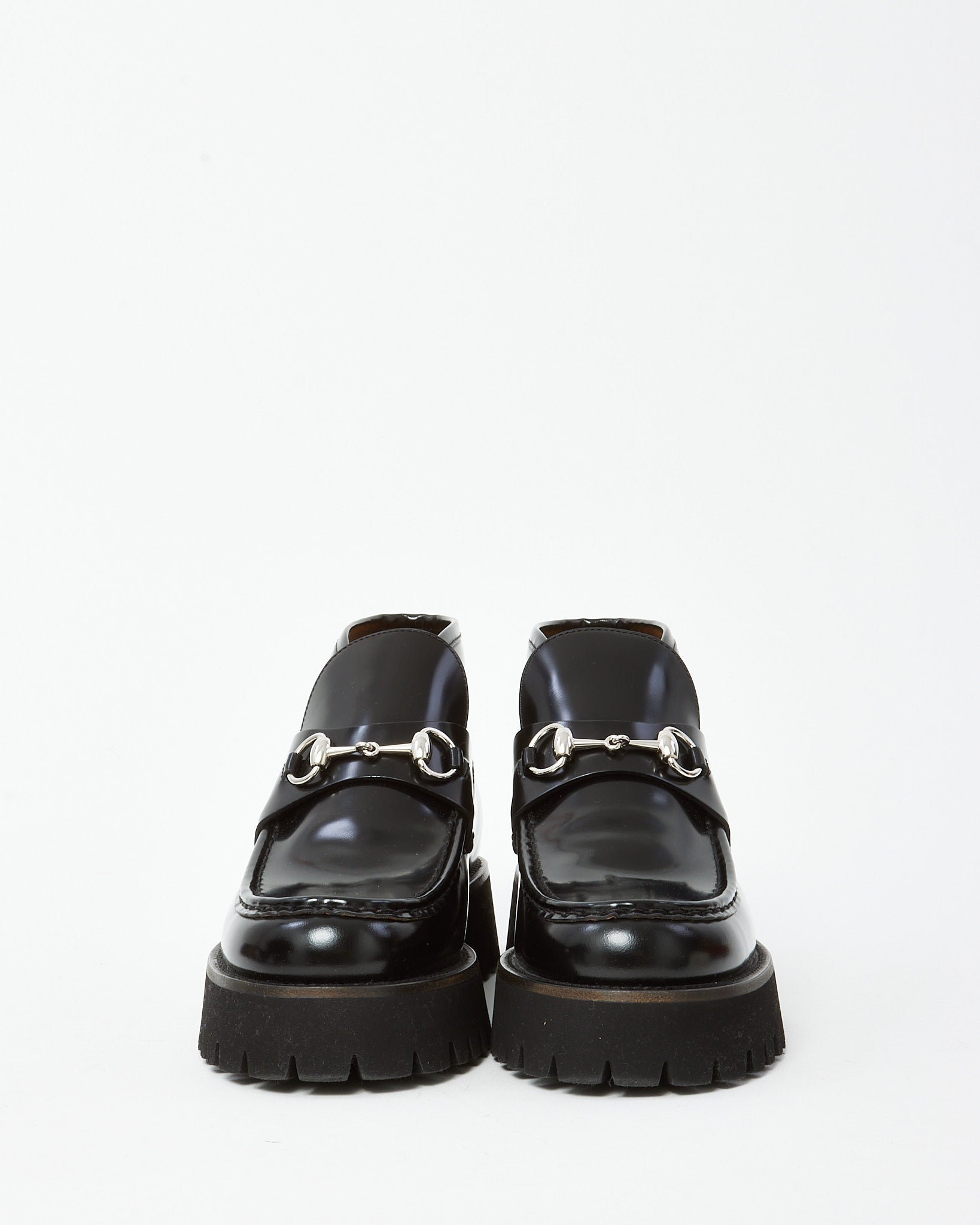 Gucci Black Leather SHW Horsebit Lug Sole Ankle Booties - 41.5
