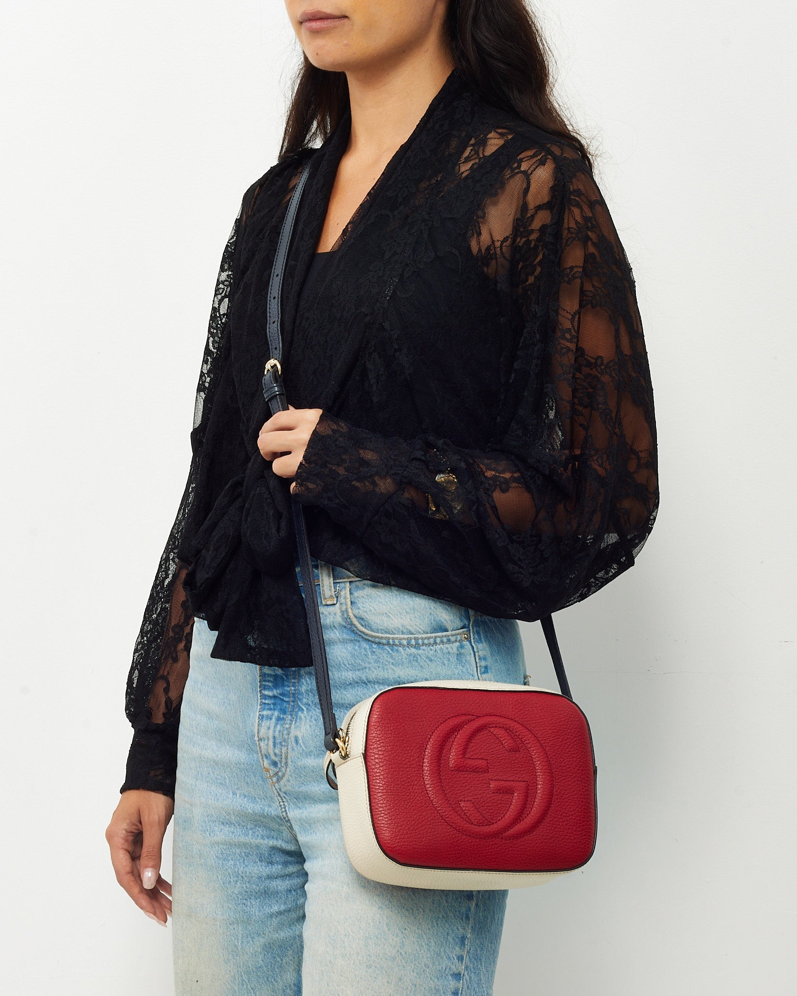 Gucci Red/Cream/Black Tri-Color Pebbled Calfskin Leather GG Soho Disco Crossbody Bag