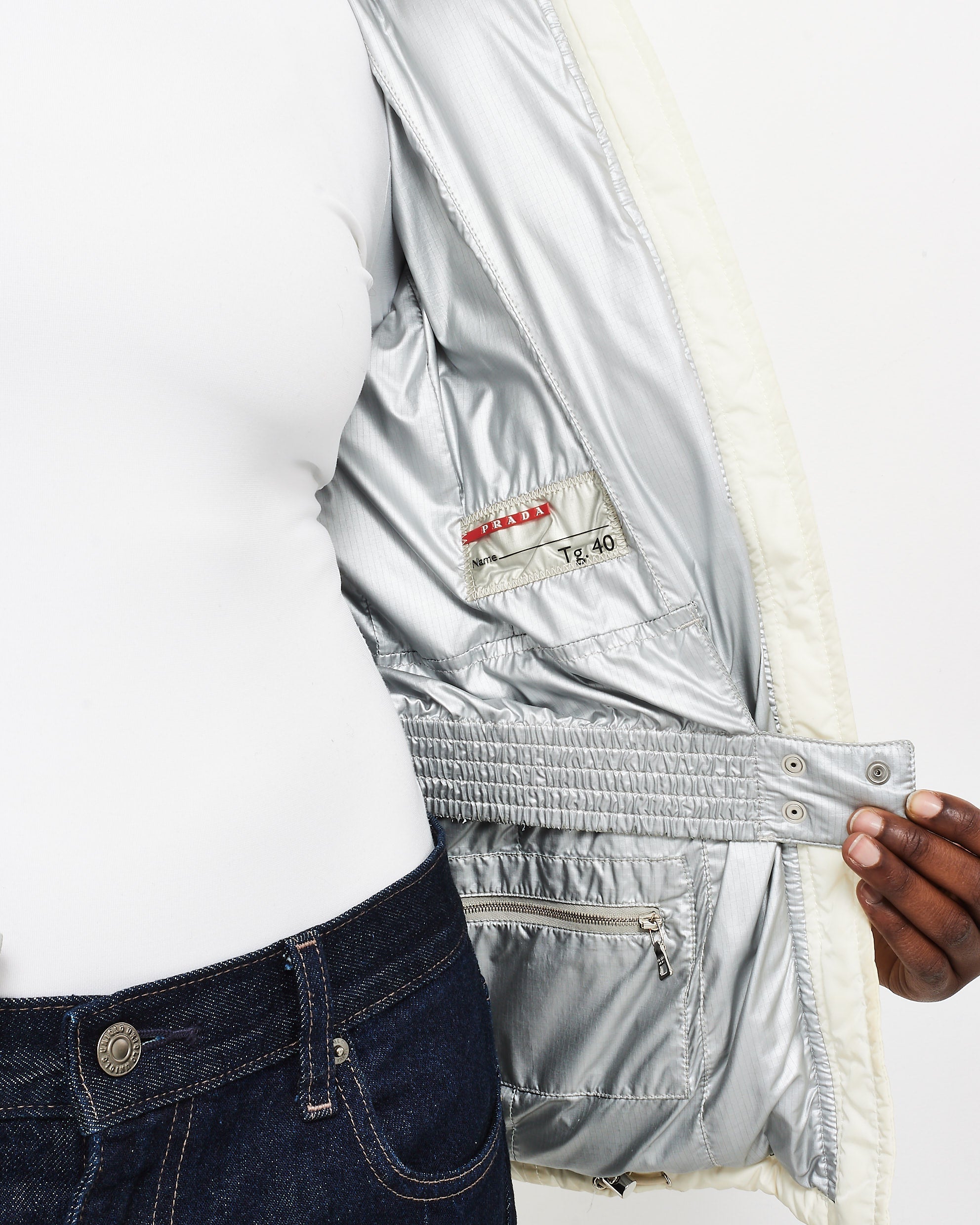 Prada White Down & Fur Hood Ski Jacket - XS