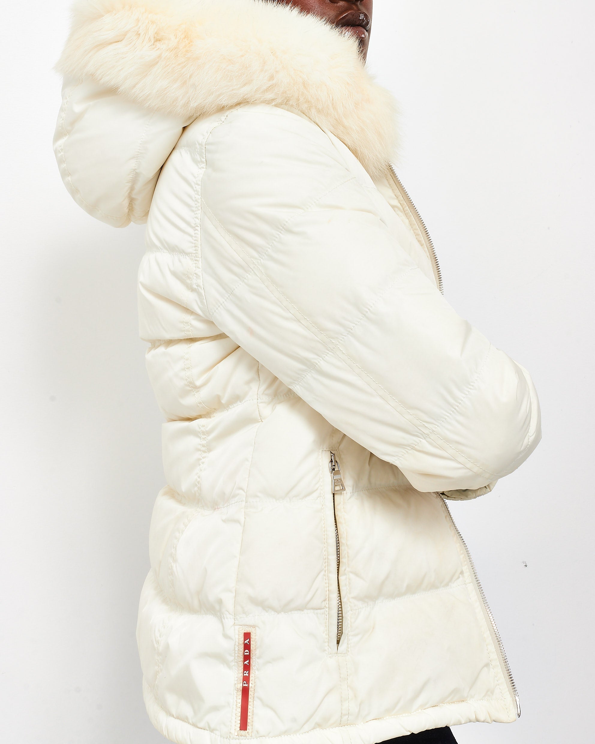 Prada White Down & Fur Hood Ski Jacket - XS