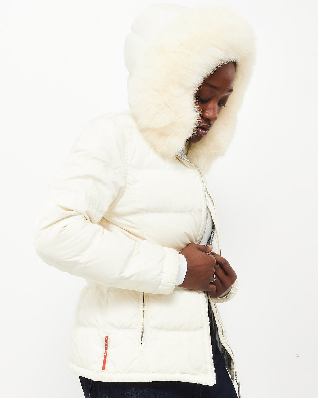 Prada White Down & Fur Hood Ski Jacket - XS