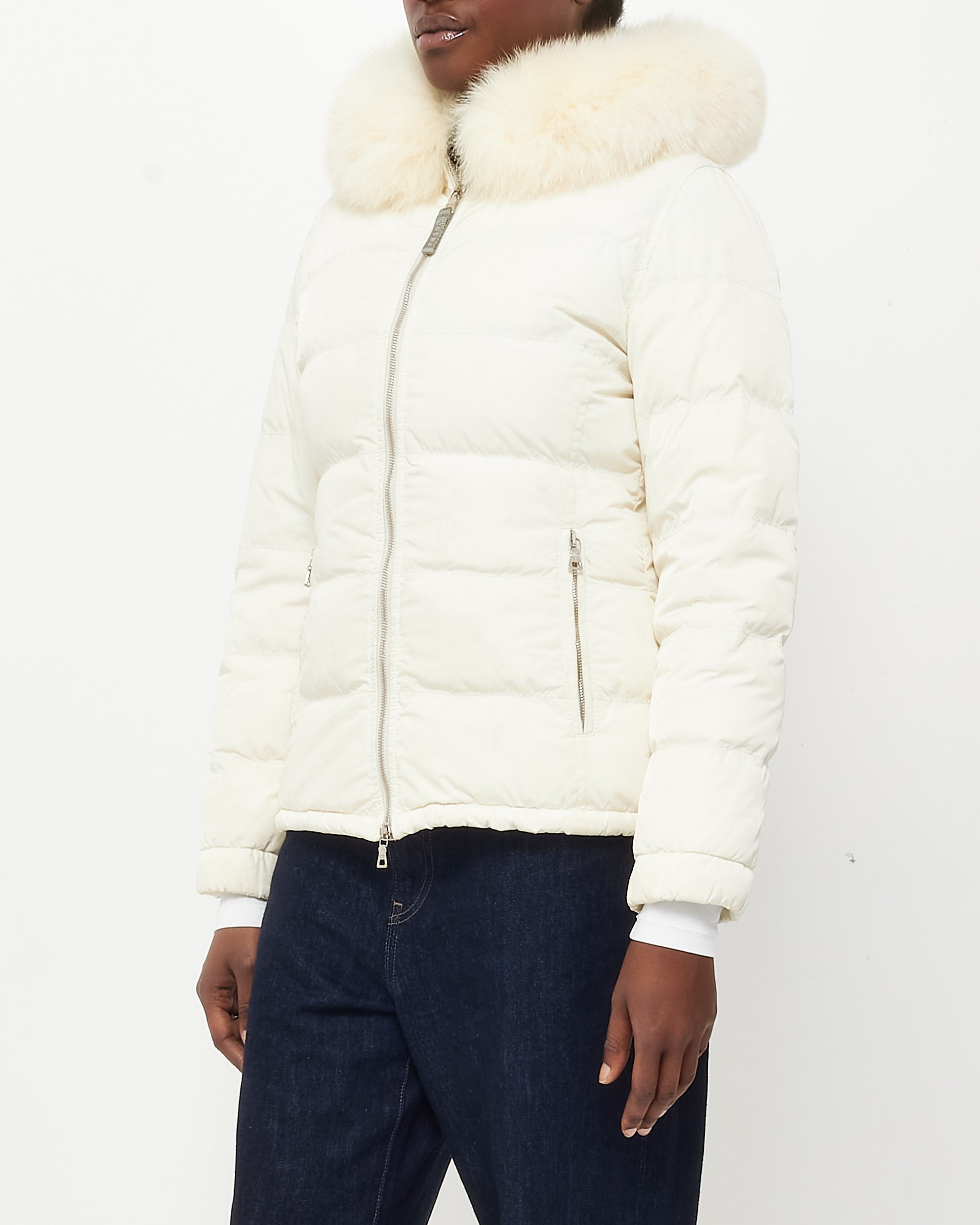 Prada White Down & Fur Hood Ski Jacket - XS