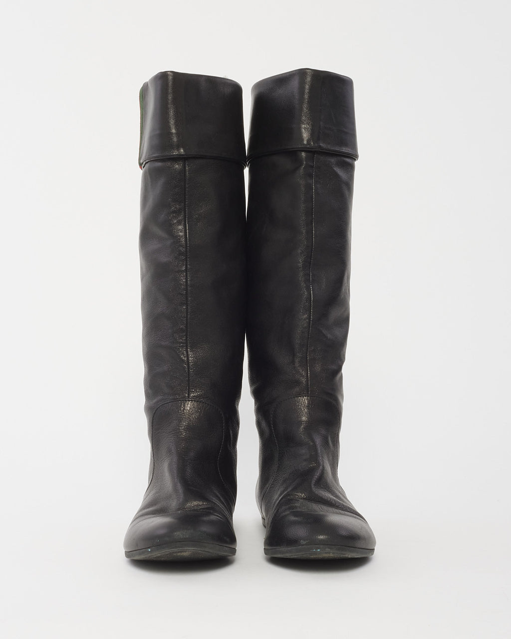 Gucci Black Leather Foldover Web Knee-High Boots -37