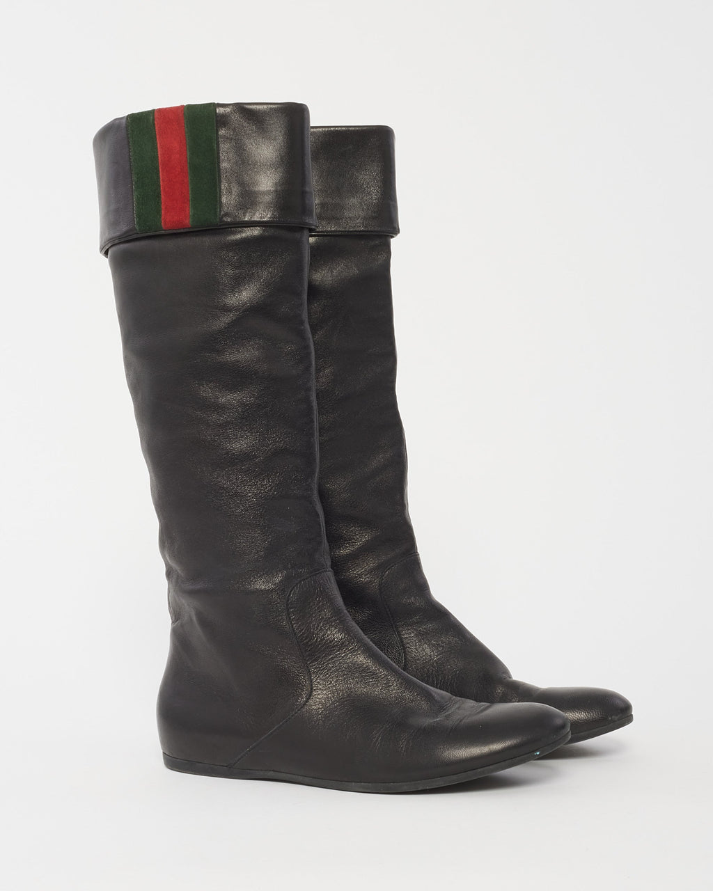 Gucci Black Leather Foldover Web Knee-High Boots -37