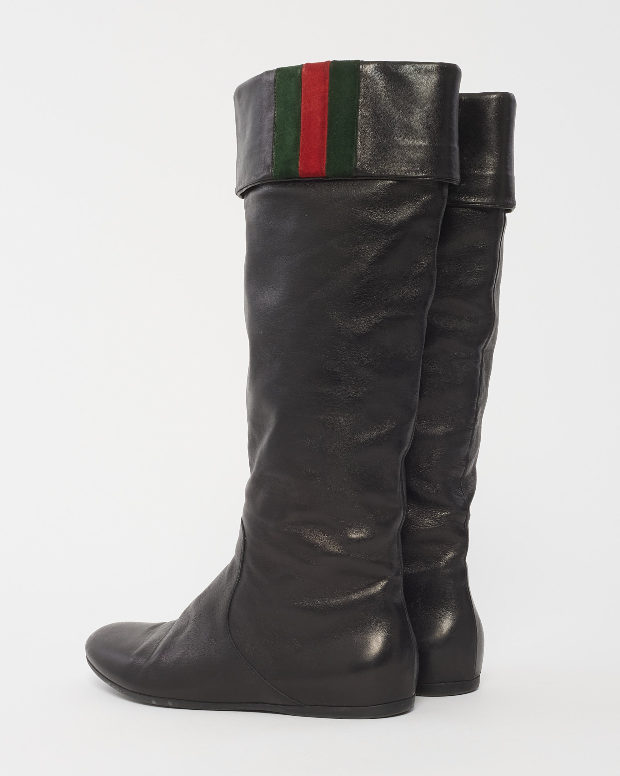 Gucci Black Leather Foldover Web Knee-High Boots -37