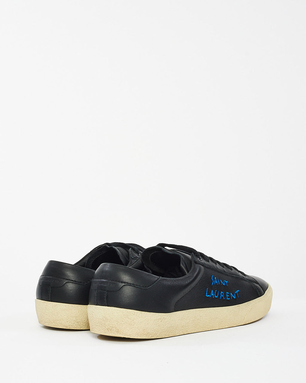 Saint Laurent Black Leather Blue Embroidered Sneakers - 41