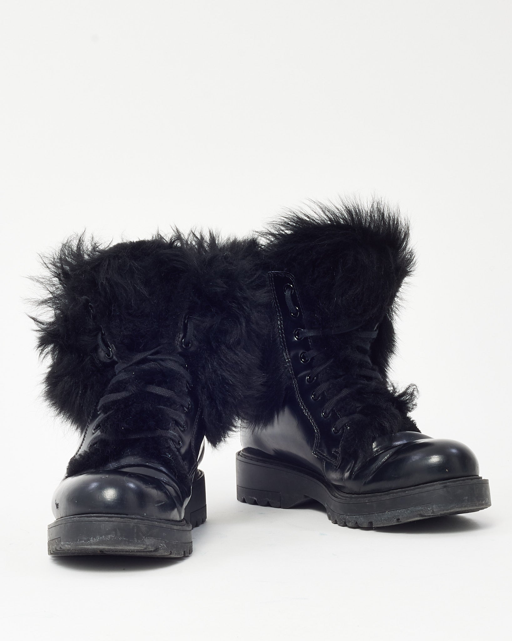 Prada Black Leather & Fur Combat Boots - 36