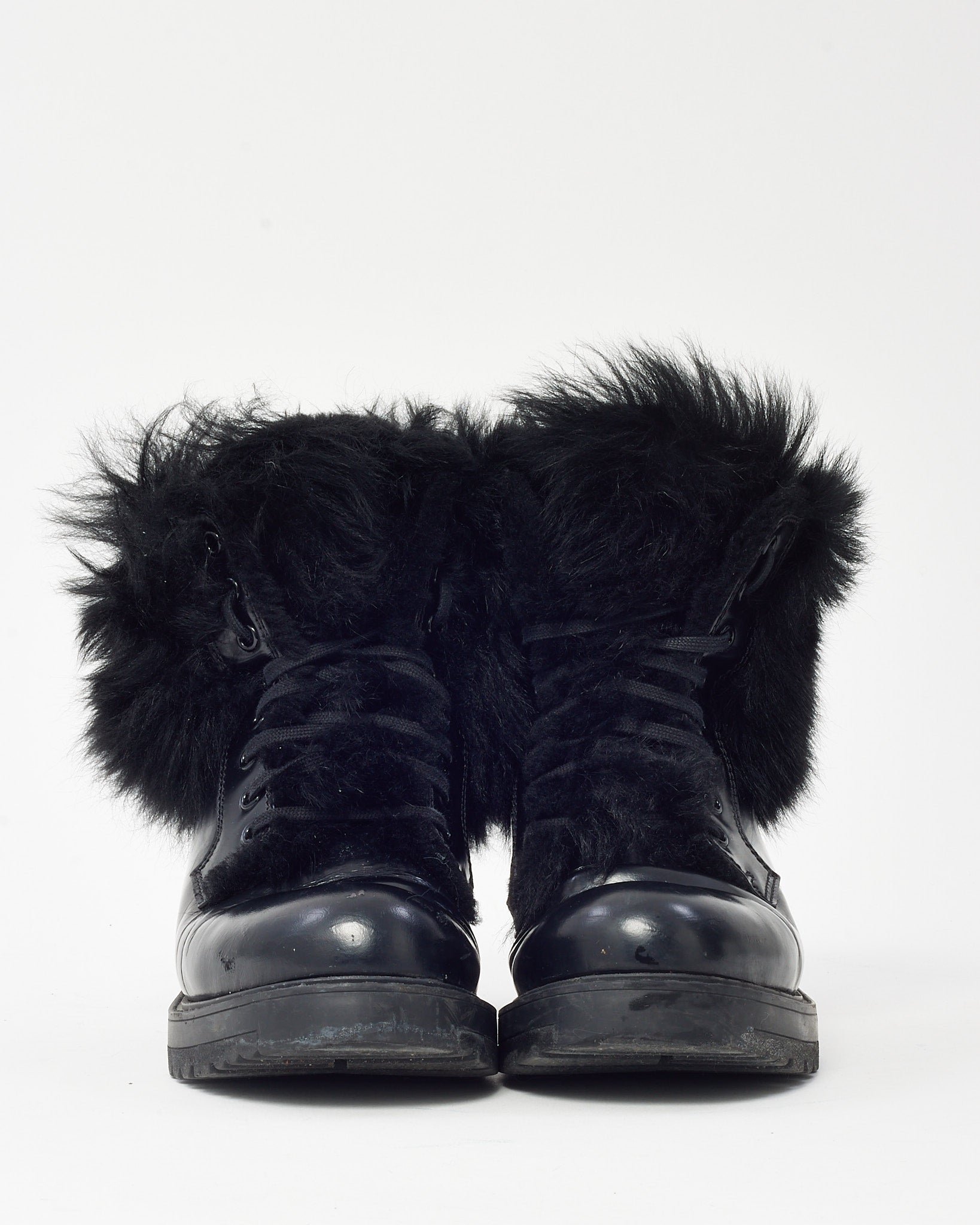 Prada Black Leather & Fur Combat Boots - 36