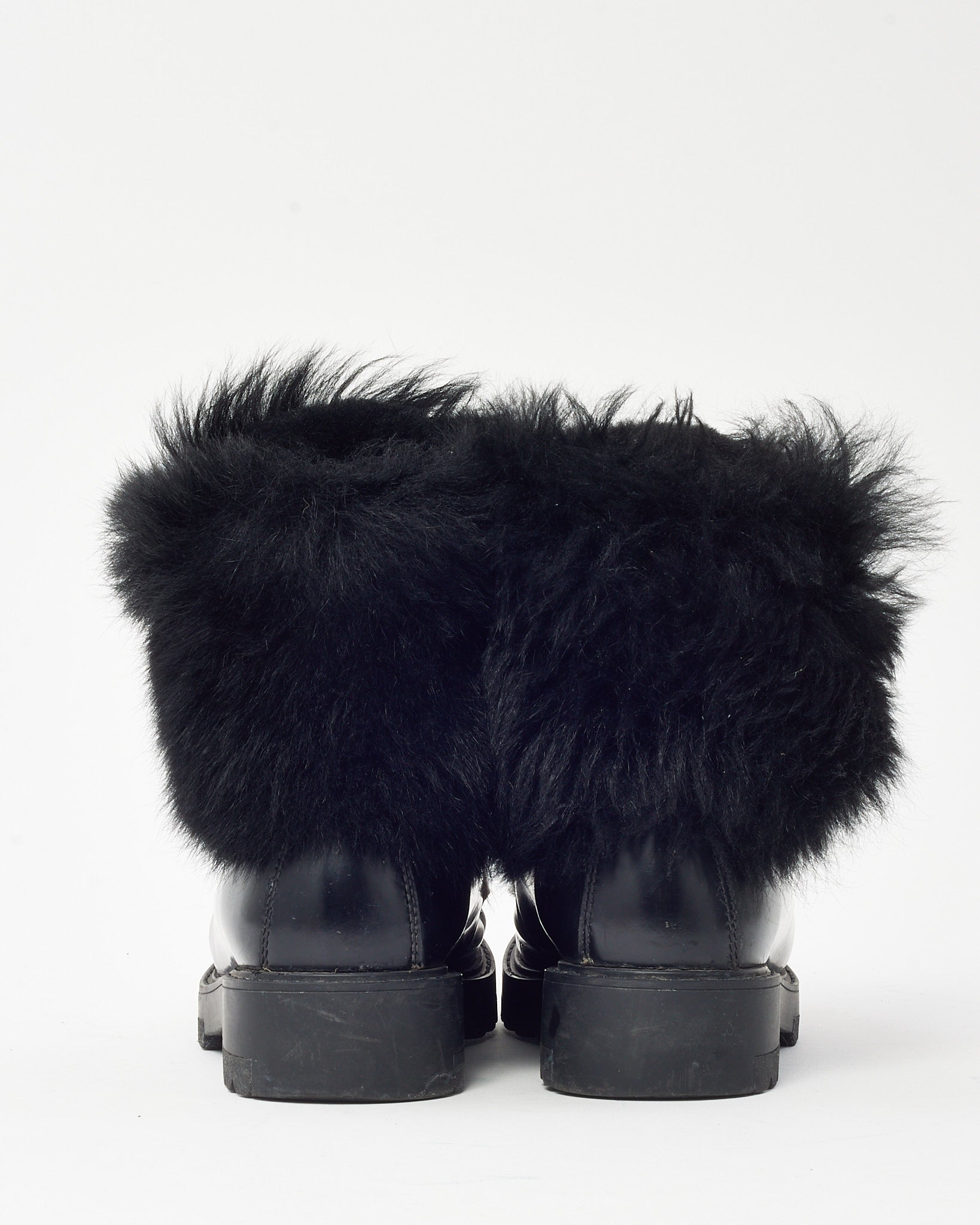 Prada Black Leather & Fur Combat Boots - 36