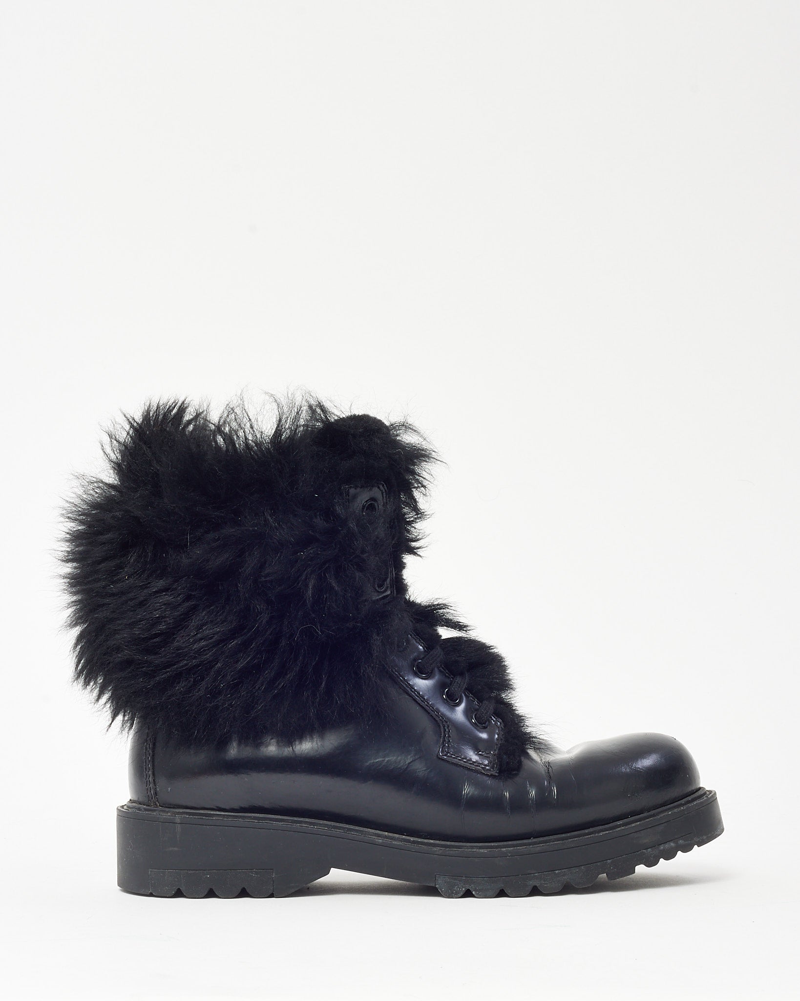 Prada Black Leather & Fur Combat Boots - 36
