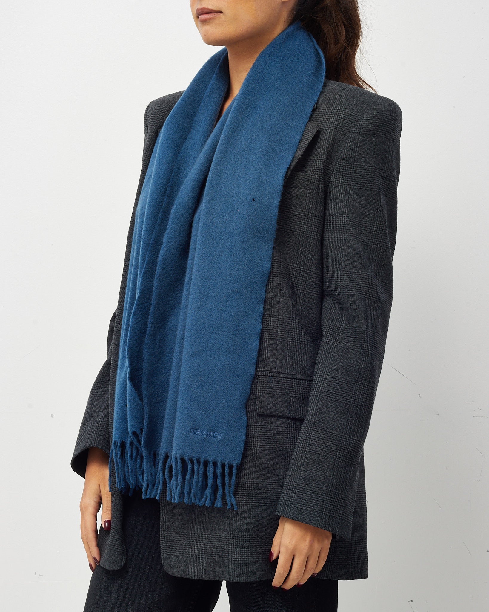 Hermès Navy Cashmere Logo Fringe Scarf