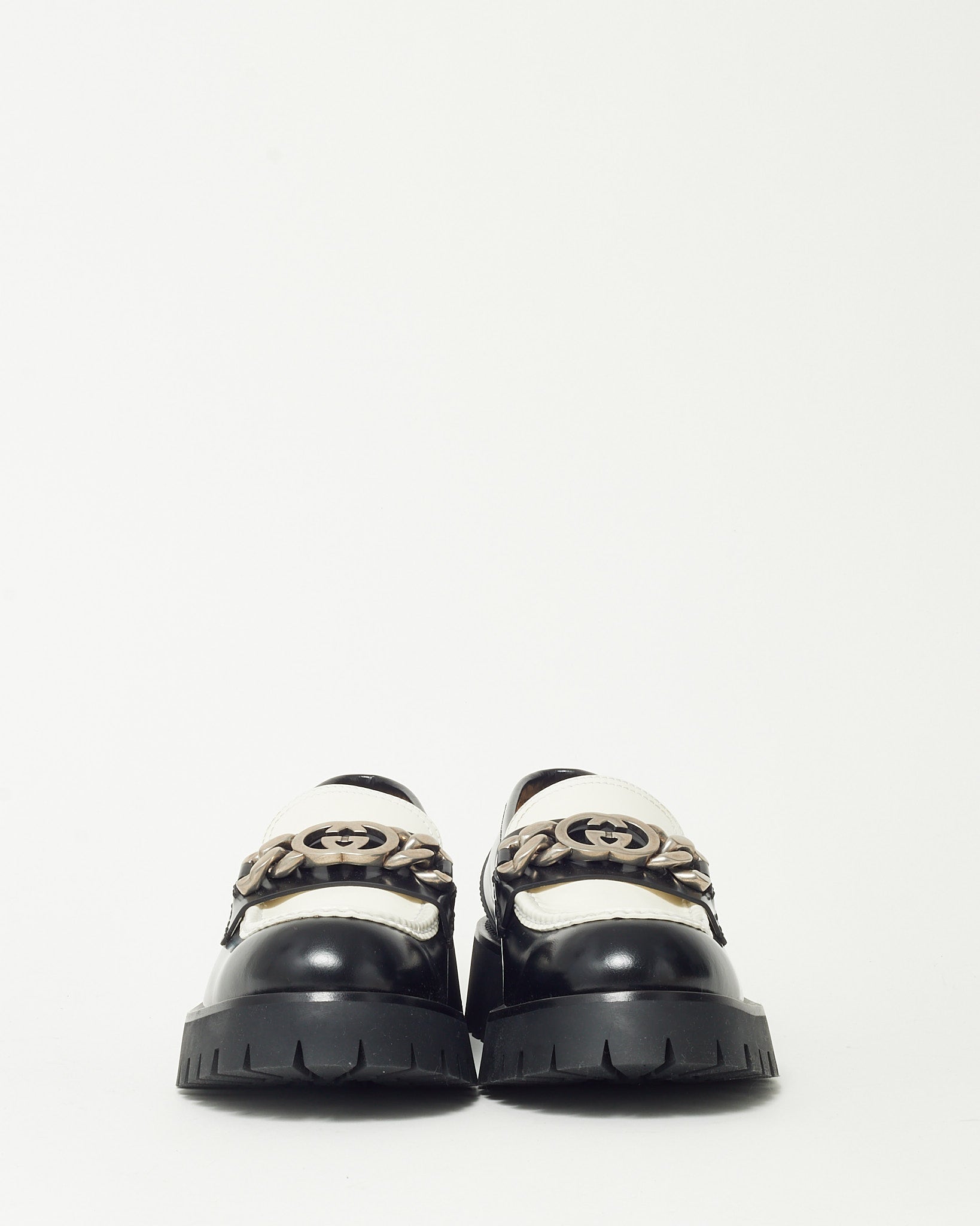 Gucci Black and White Leather SHW Interlocking GG Loafers - 41