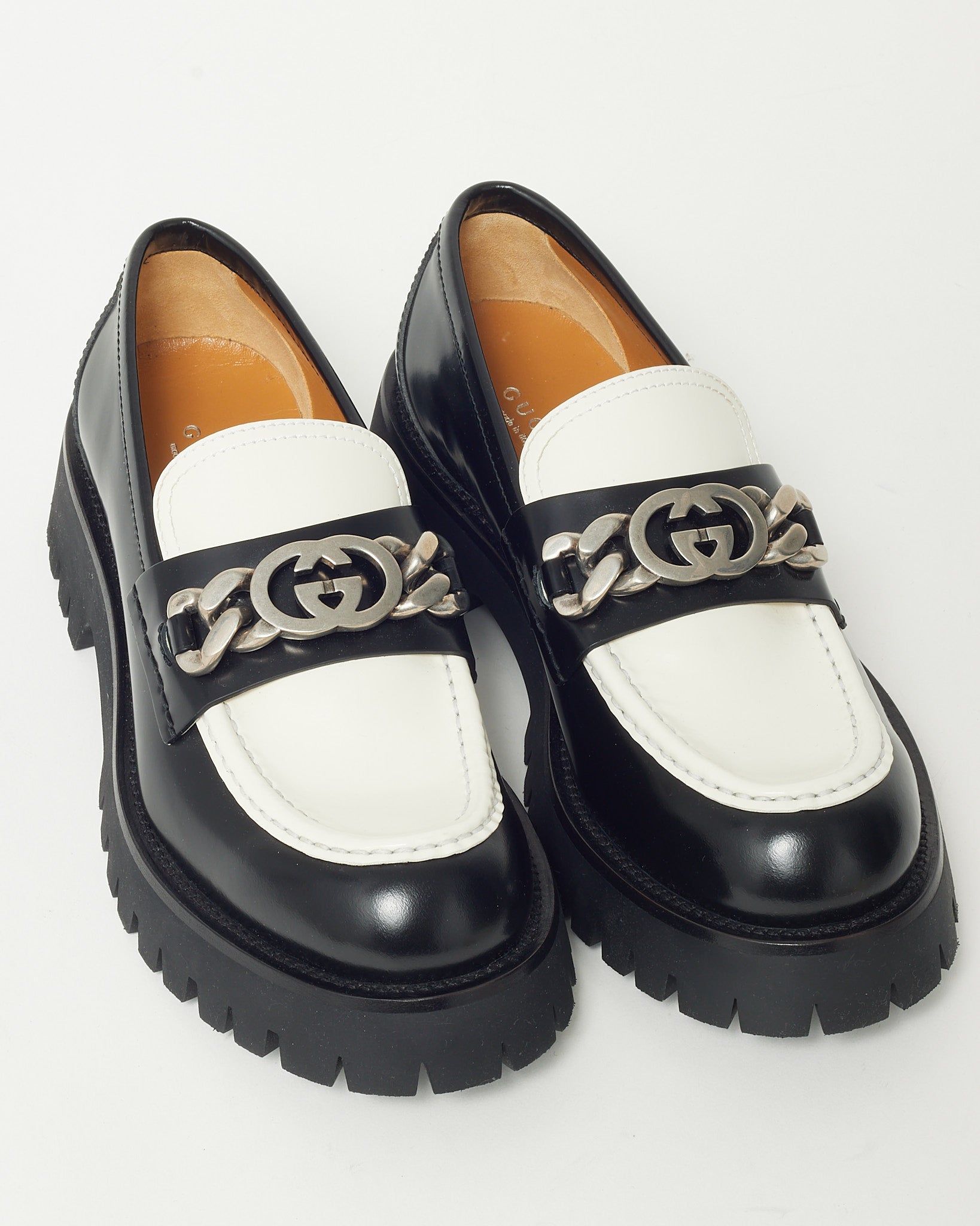 Gucci Black and White Leather SHW Interlocking GG Loafers - 41