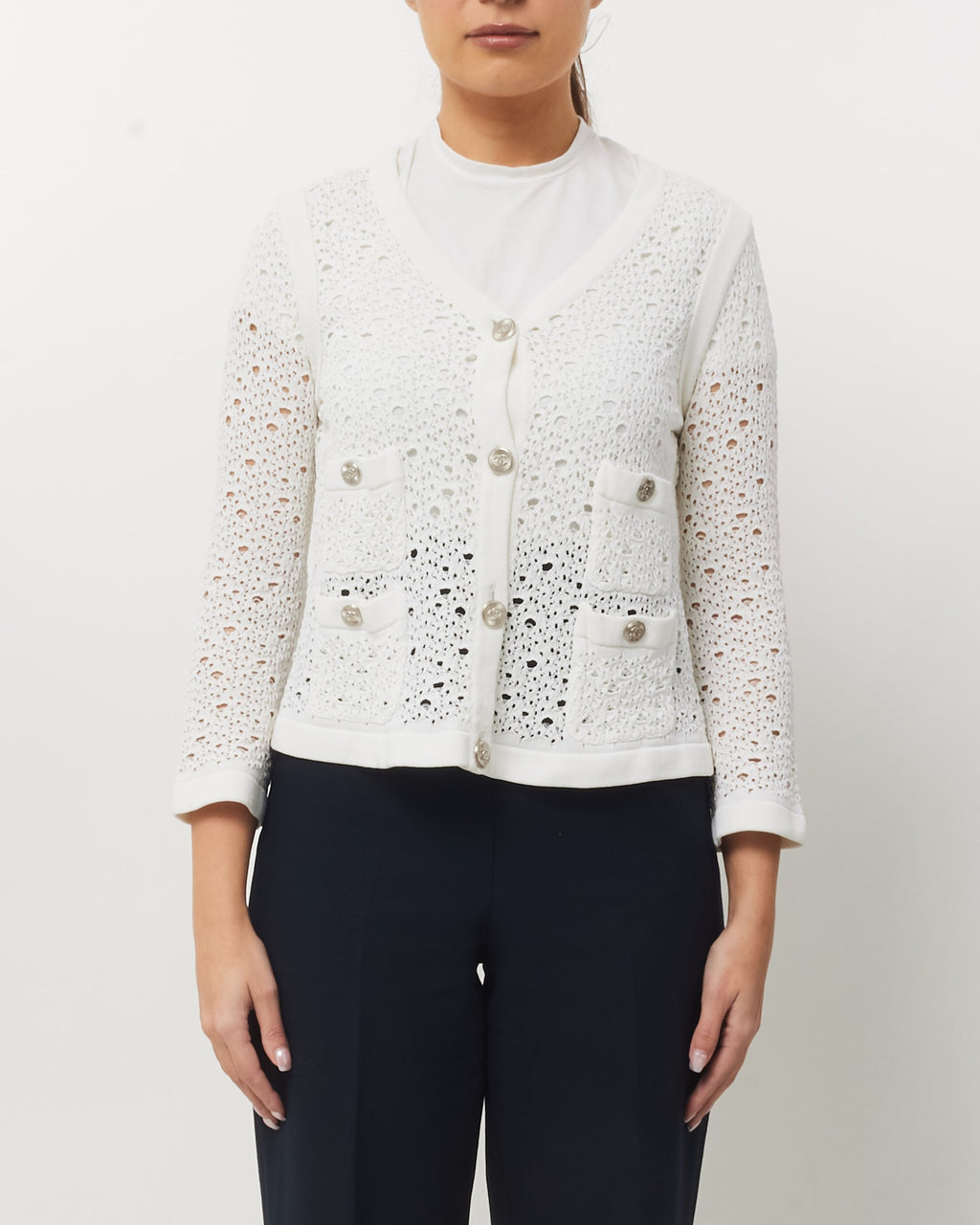 Chanel White Perforated Crochet Knit CC Logo Button Cardigan Sweater - 40