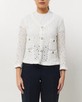 Chanel White Perforated Crochet Knit CC Logo Button Cardigan Sweater - 40