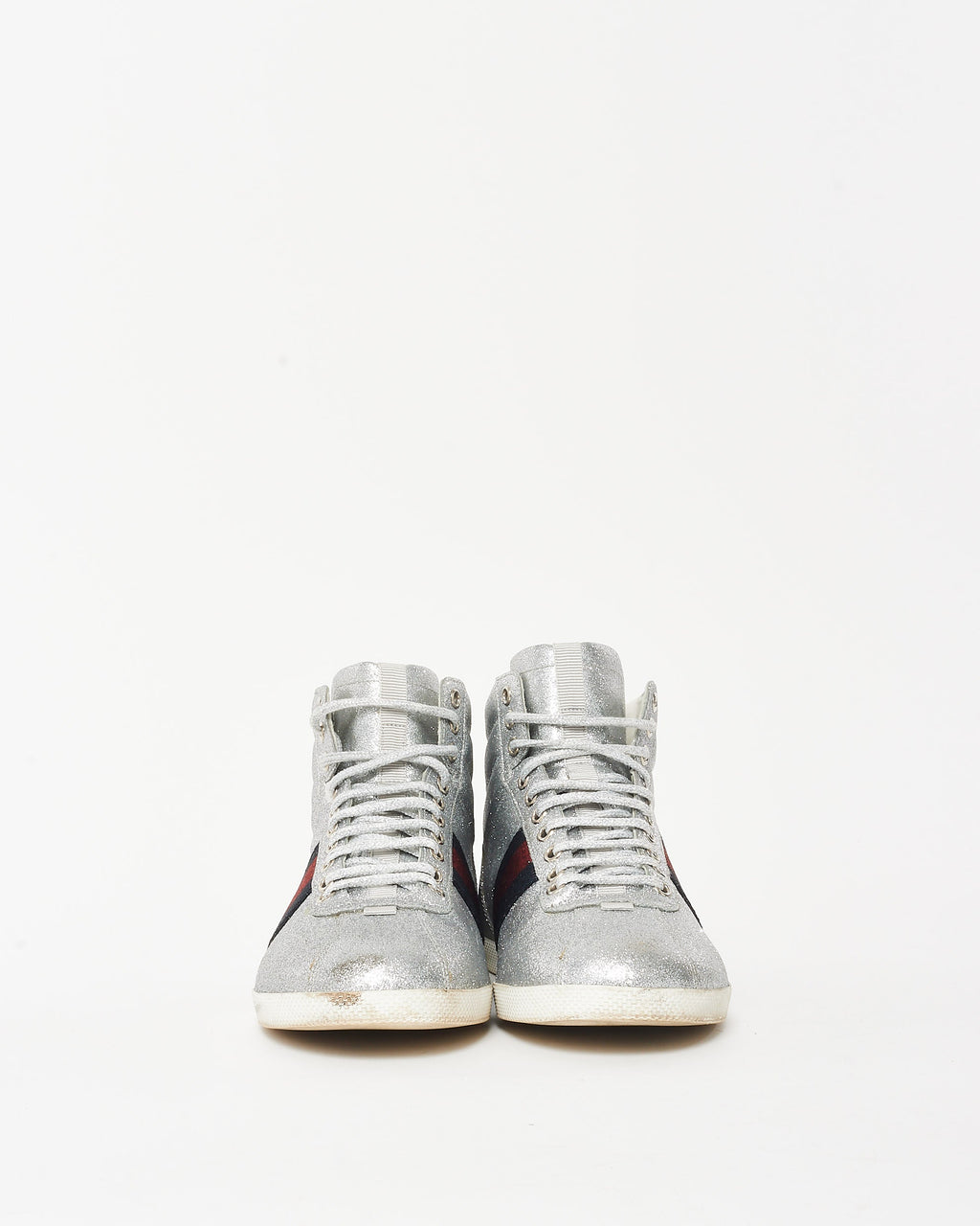 Gucci Silver Glitter Web High-Top Sneakers - 7.5 MEN