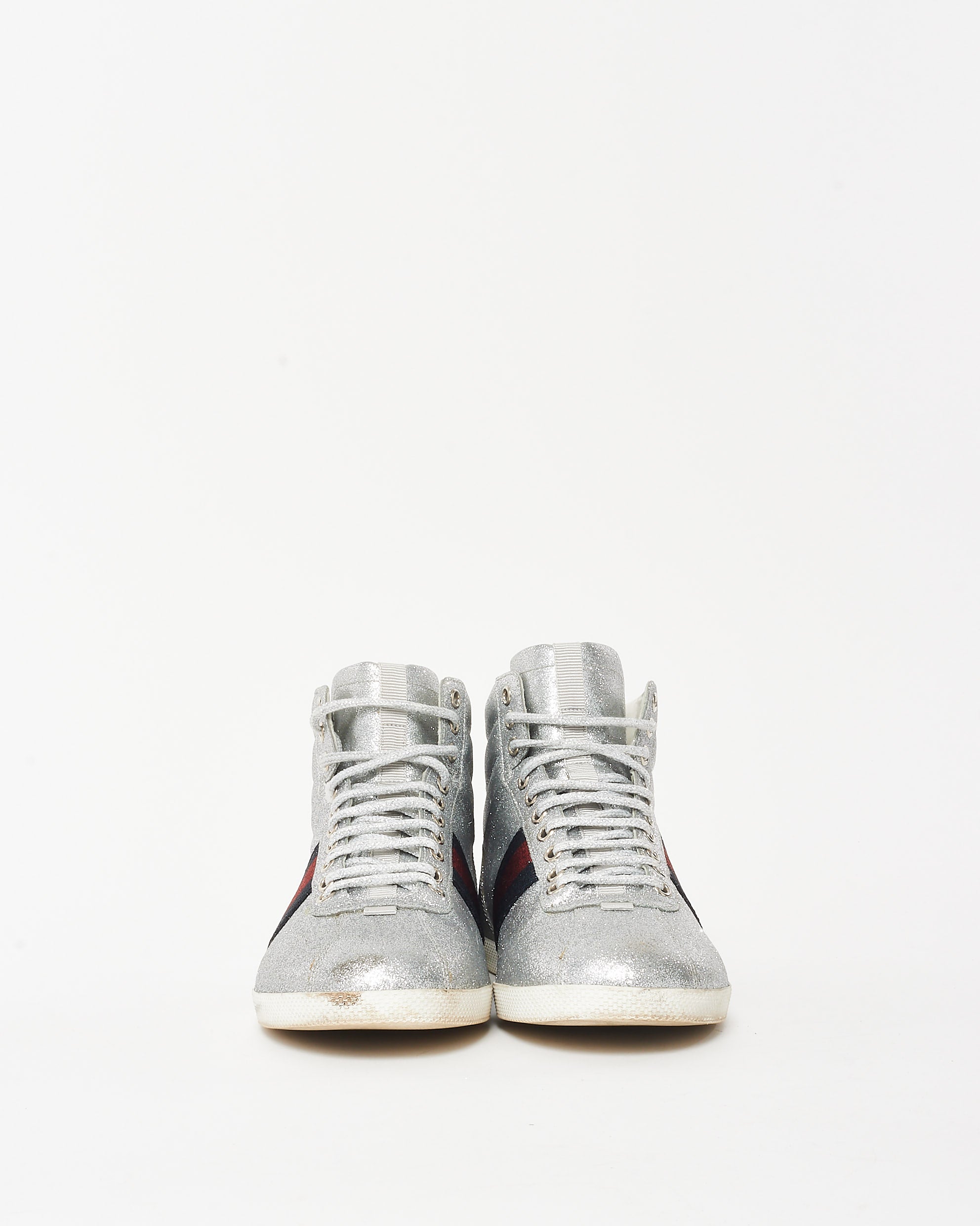 Gucci Silver Glitter Web High-Top Sneakers - 7.5 MEN