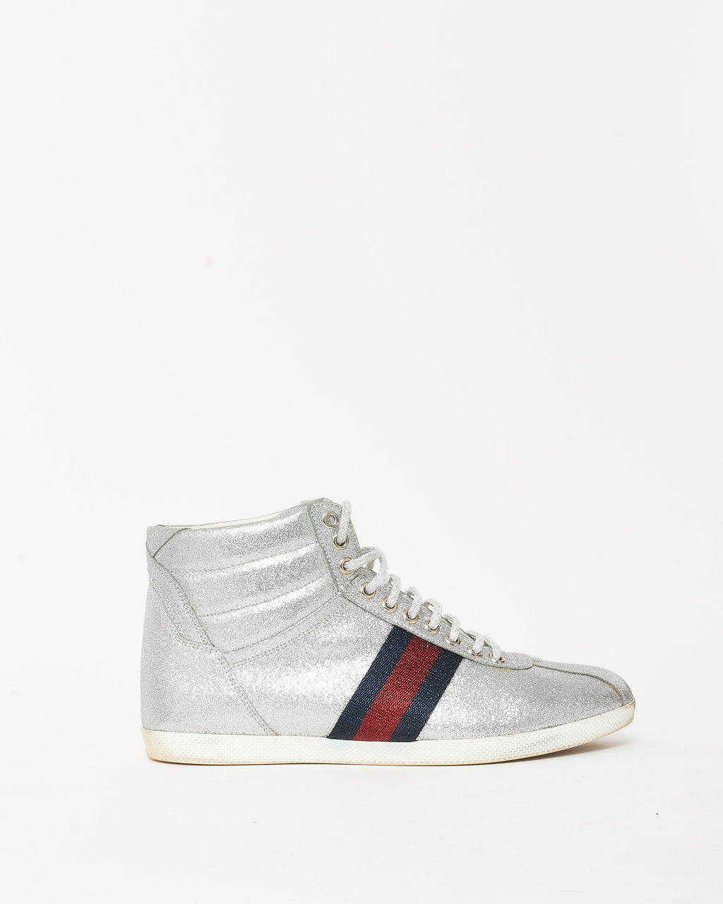 Gucci Silver Glitter Web High-Top Sneakers - 7.5 MEN