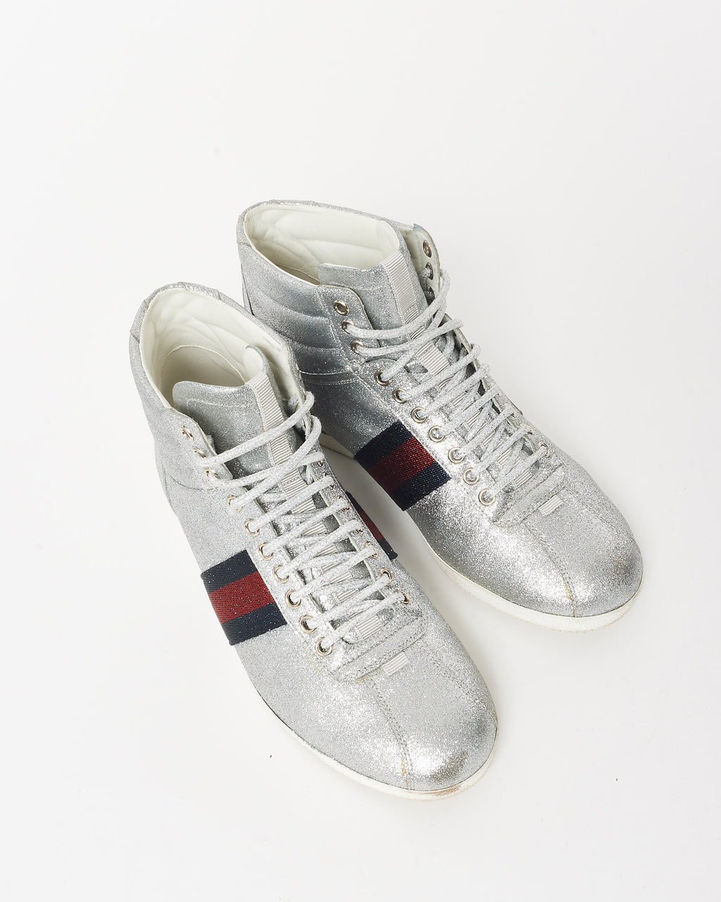 Gucci Silver Glitter Web High-Top Sneakers - 7.5 MEN