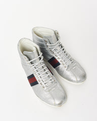 Gucci Silver Glitter Web High-Top Sneakers - 7.5 MEN