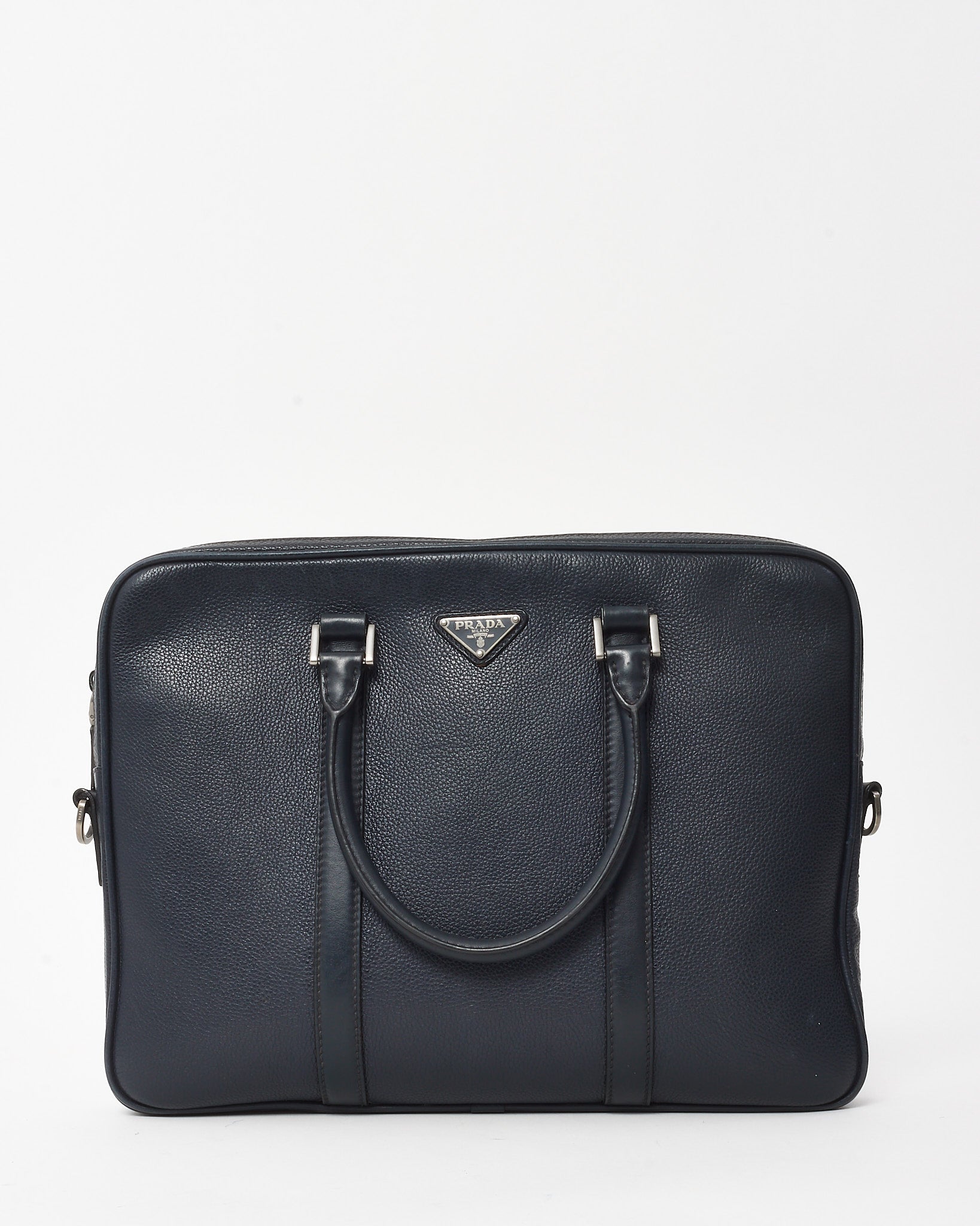 Prada Navy Toro Leather Logo 2Way Convertible Briefcase