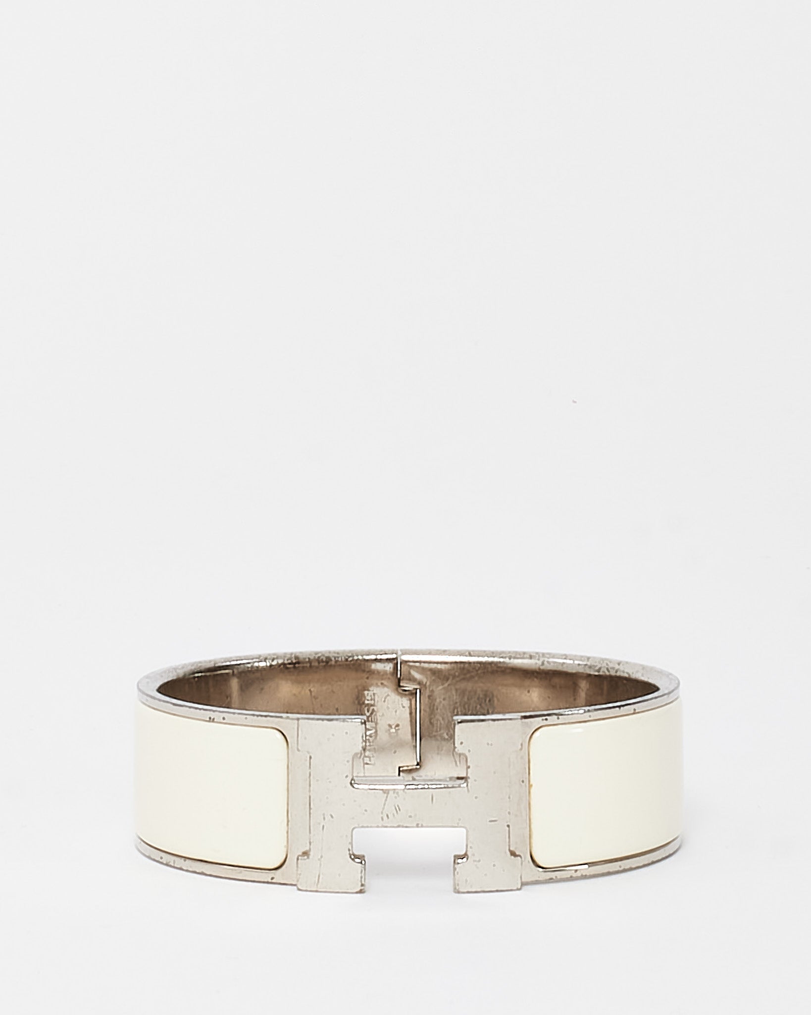 Hermès Silver White Enamel Wide Clic Clac H Bracelet - GM