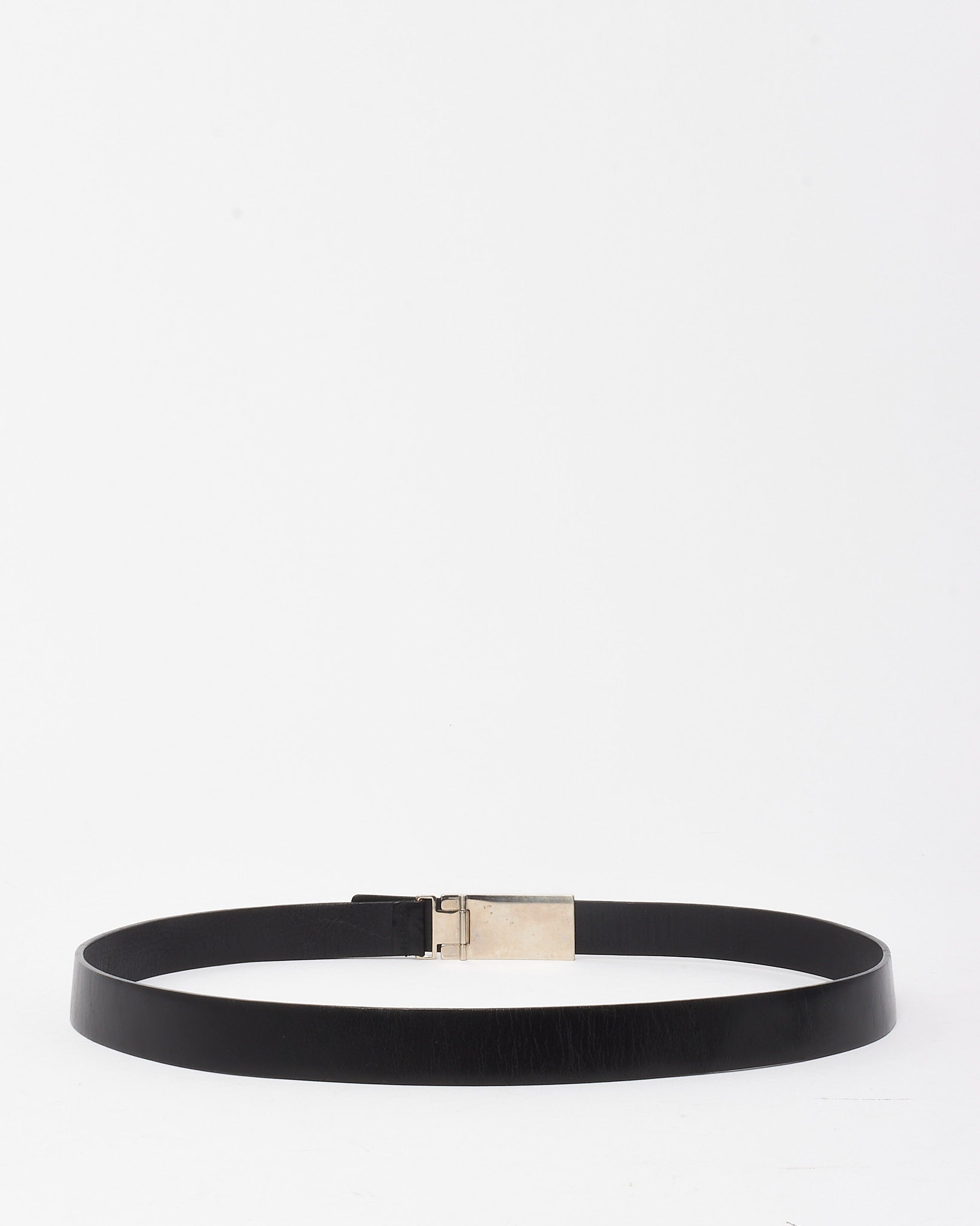 Prada Vintage Black Leather Silver Logo Buckle Slider Belt - 80