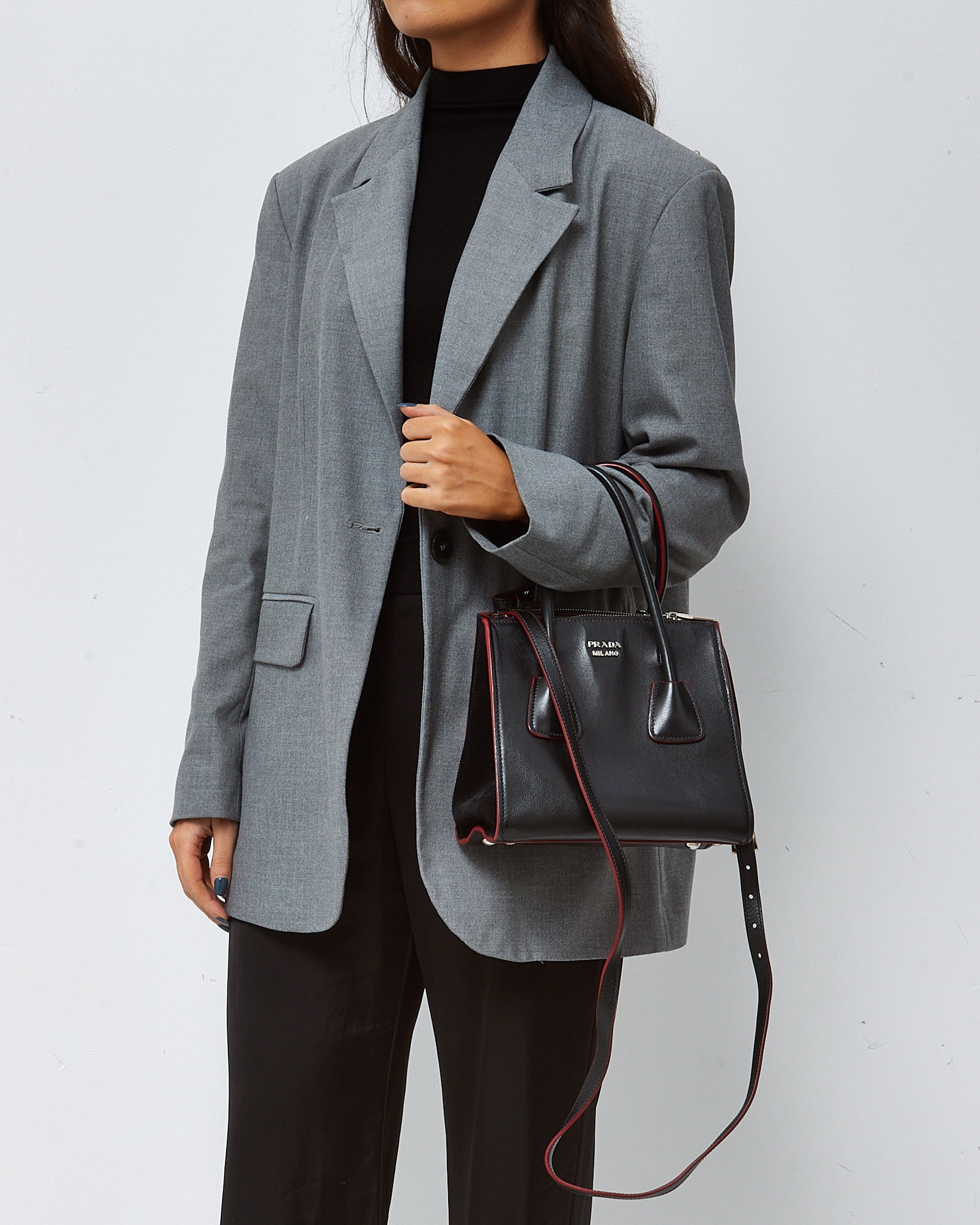 Prada Black and Red Trim Glace Calf Leather & Scamosciato Twin Pocket Tote with Strap
