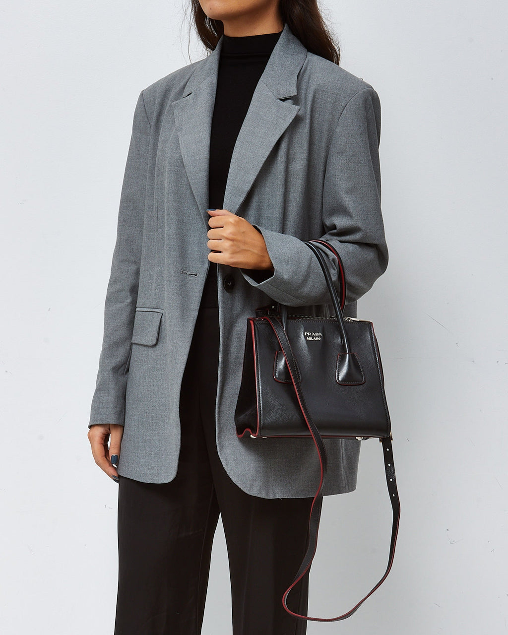 Prada Black and Red Trim Glace Calf Leather & Scamosciato Twin Pocket Tote with Strap