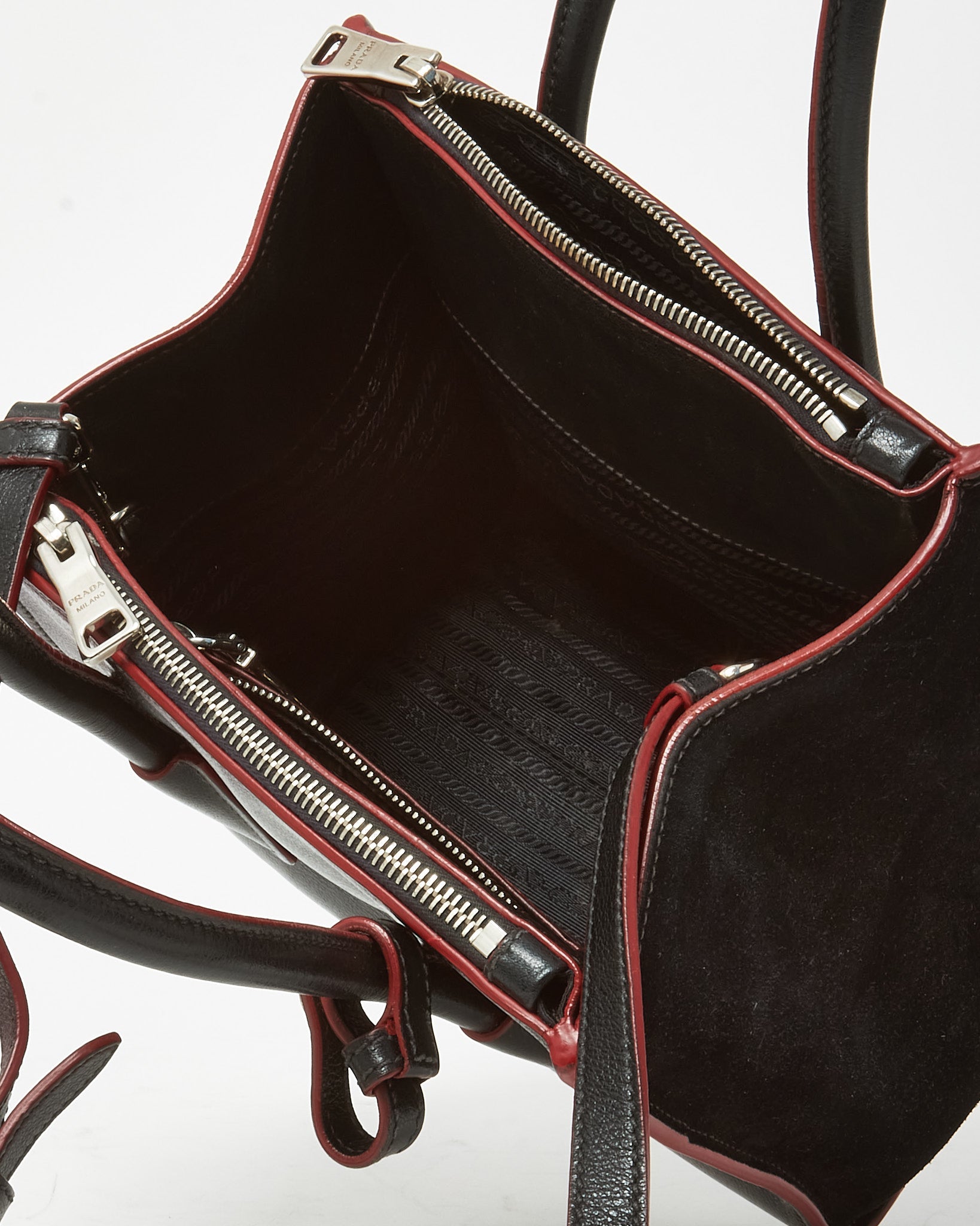 Prada Black and Red Trim Glace Calf Leather & Scamosciato Twin Pocket Tote with Strap
