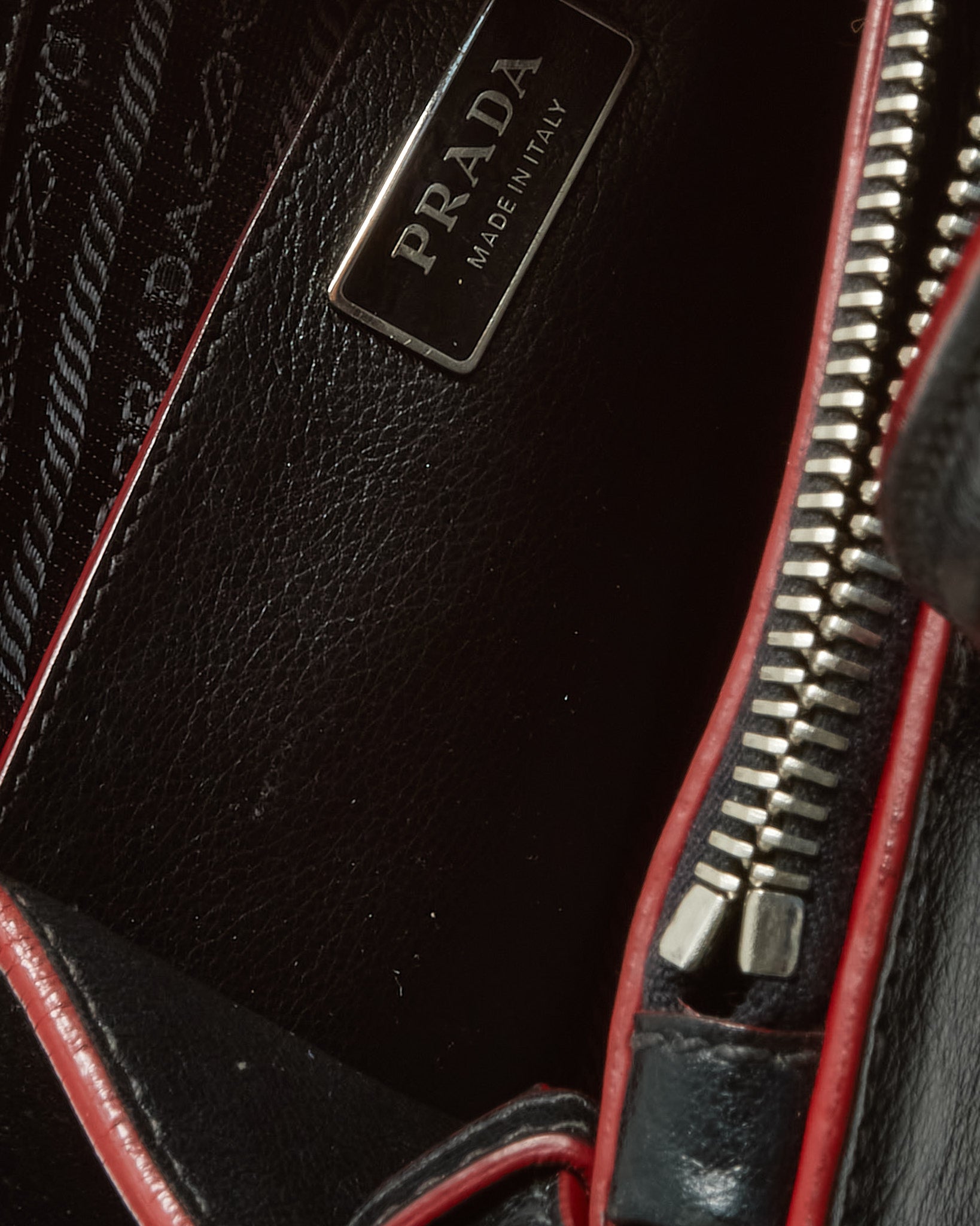 Prada Black and Red Trim Glace Calf Leather & Scamosciato Twin Pocket Tote with Strap