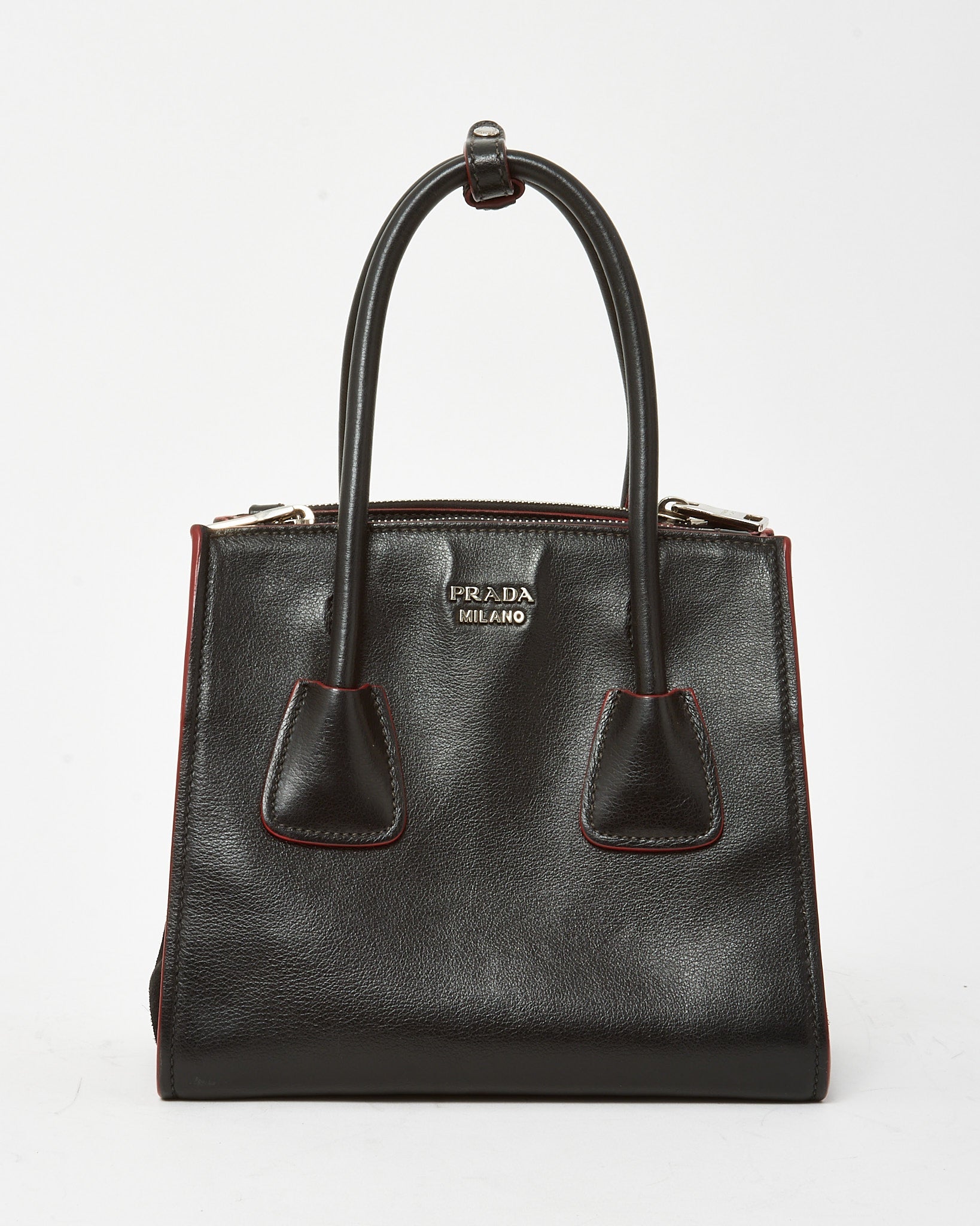 Prada Black and Red Trim Glace Calf Leather & Scamosciato Twin Pocket Tote with Strap