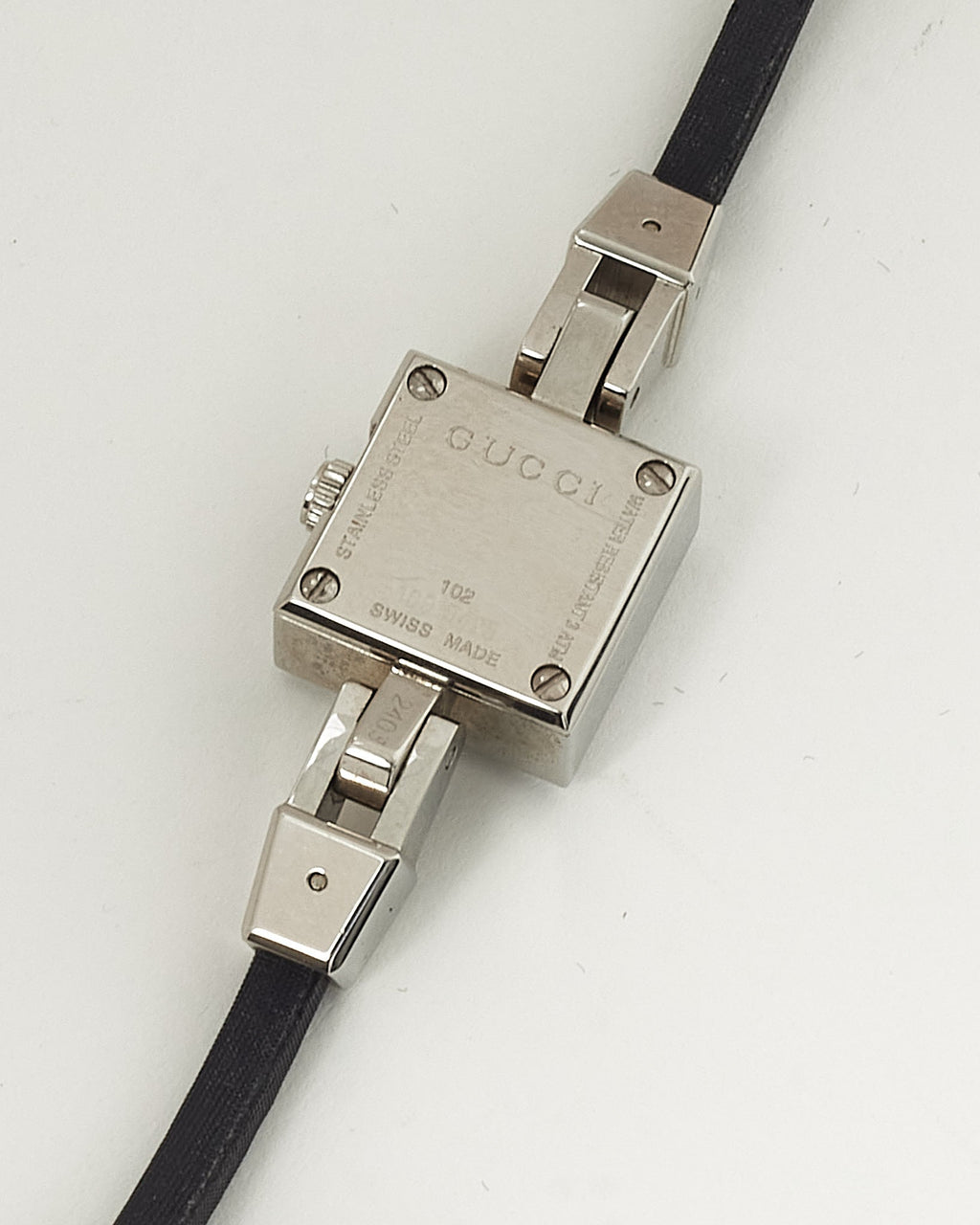 Gucci Silver Stainless Steel GUCCI G Petite SS Diamond Dial Black Leather Watch