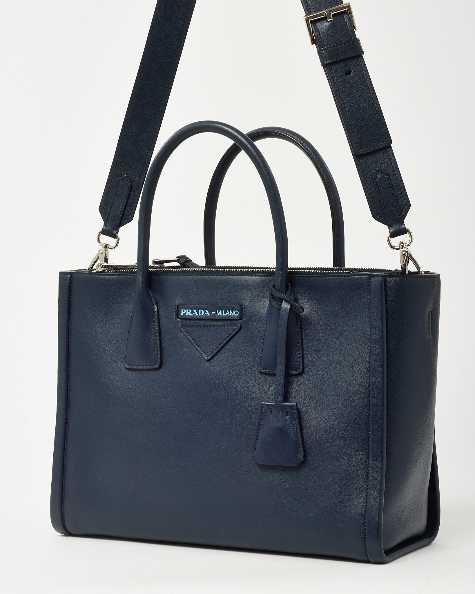 Prada Navy Grace Lux Leather 2Way Concept Tote with Strap 1BA183