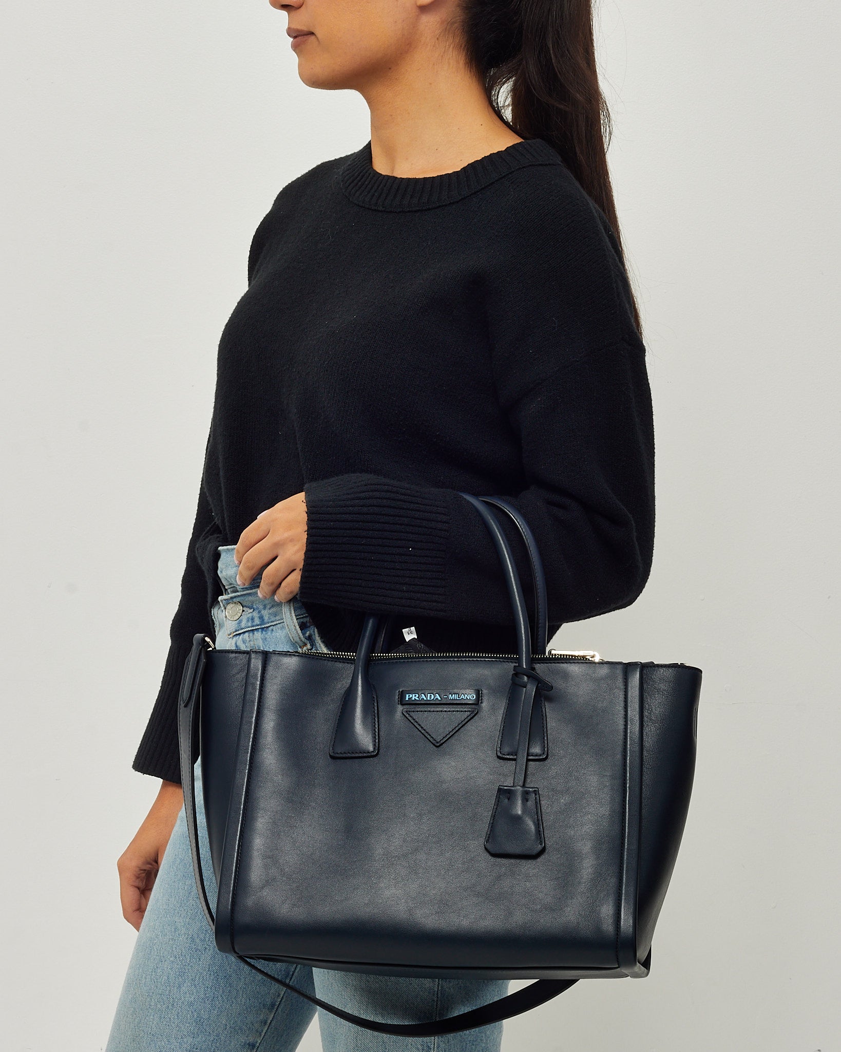 Prada Navy Grace Lux Leather 2Way Concept Tote with Strap 1BA183