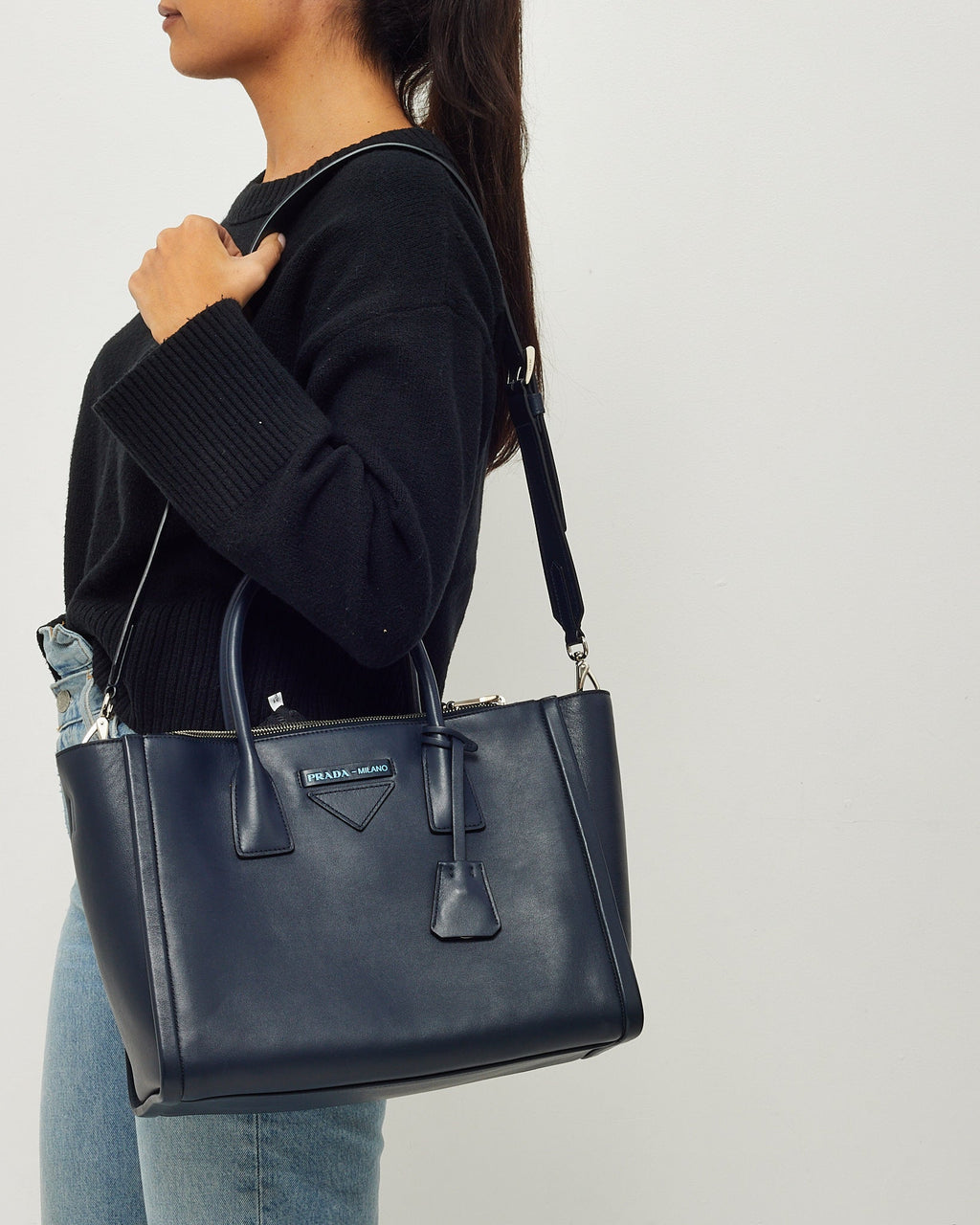 Prada Navy Grace Lux Leather 2Way Concept Tote with Strap 1BA183