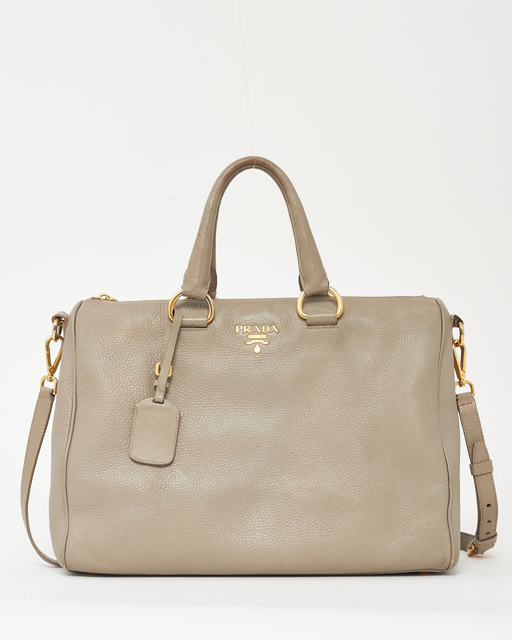 Prada Grey Vitello Daino Leather Zip 2Way Tote Bag with Strap