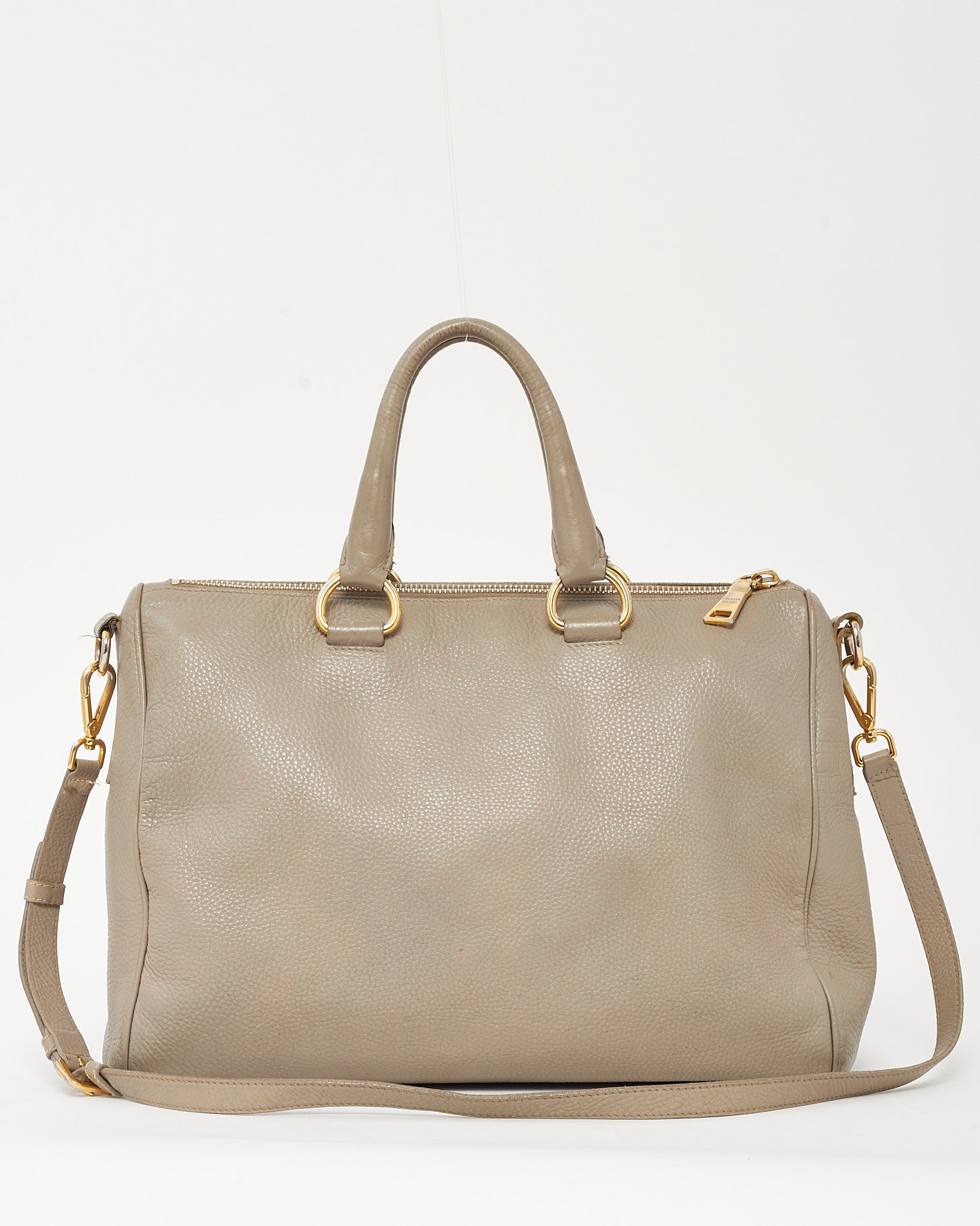 Prada Grey Vitello Daino Leather Zip 2Way Tote Bag with Strap