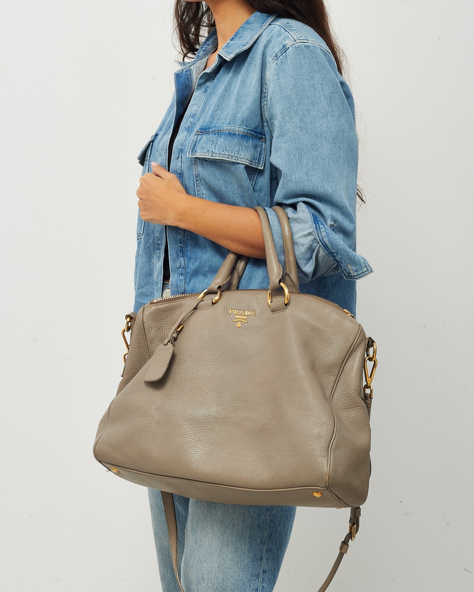 Prada Grey Vitello Daino Leather Zip 2Way Tote Bag with Strap