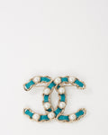 Chanel Silver Metal and Turquoise Blue Leather and Pearl Interwoven CC Logo Brooch